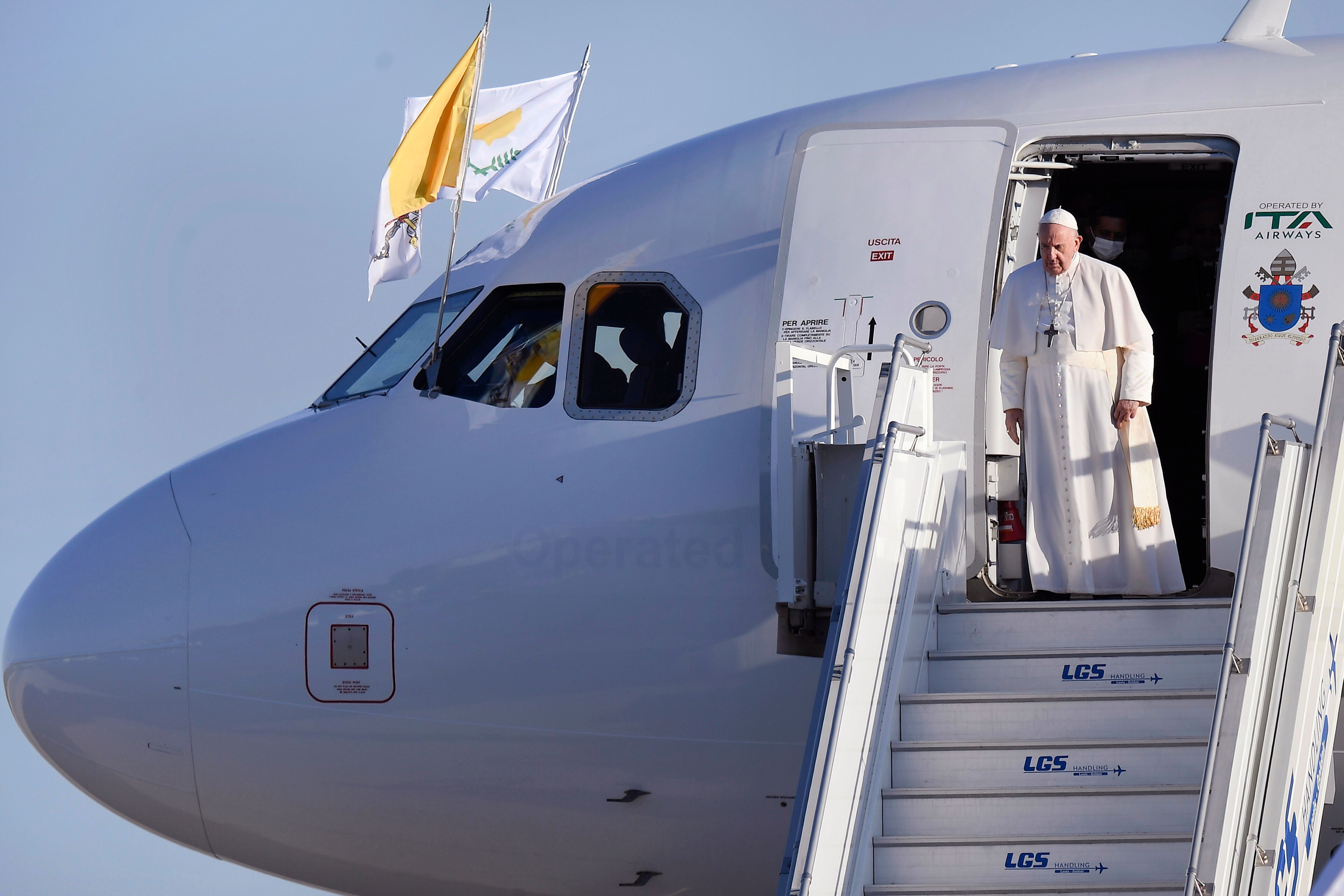 Pope Francis disembarking in Cyprus from ITA aircraft