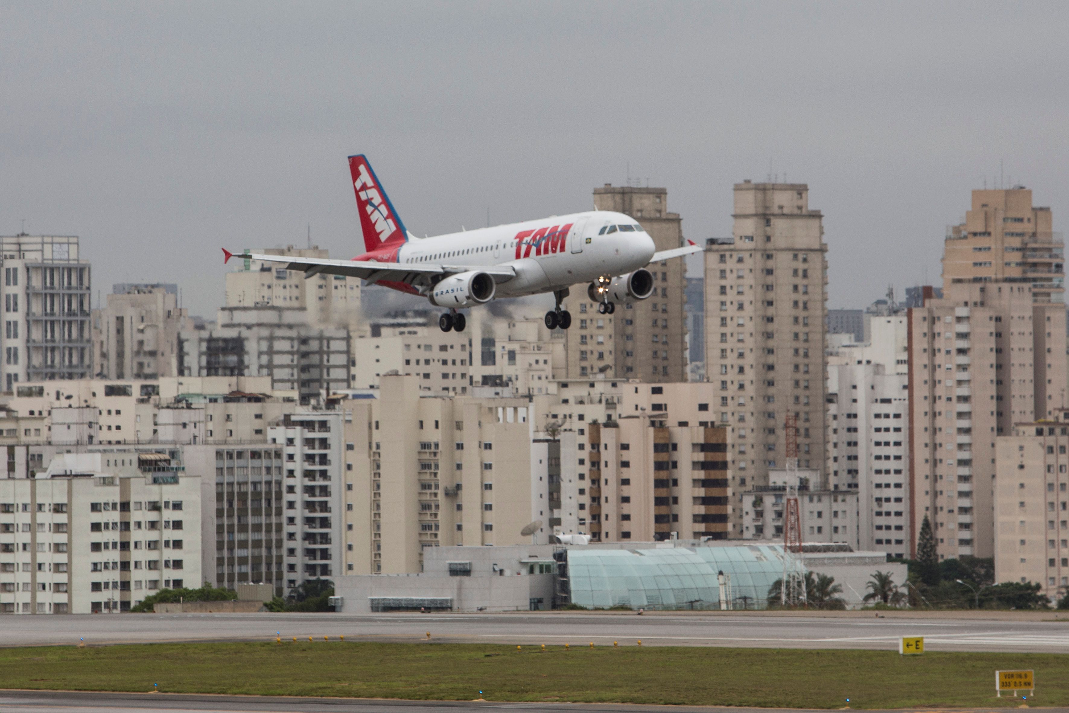 A plane prepares to land at Congonhas Airport, in Sao Paulo, Brazil