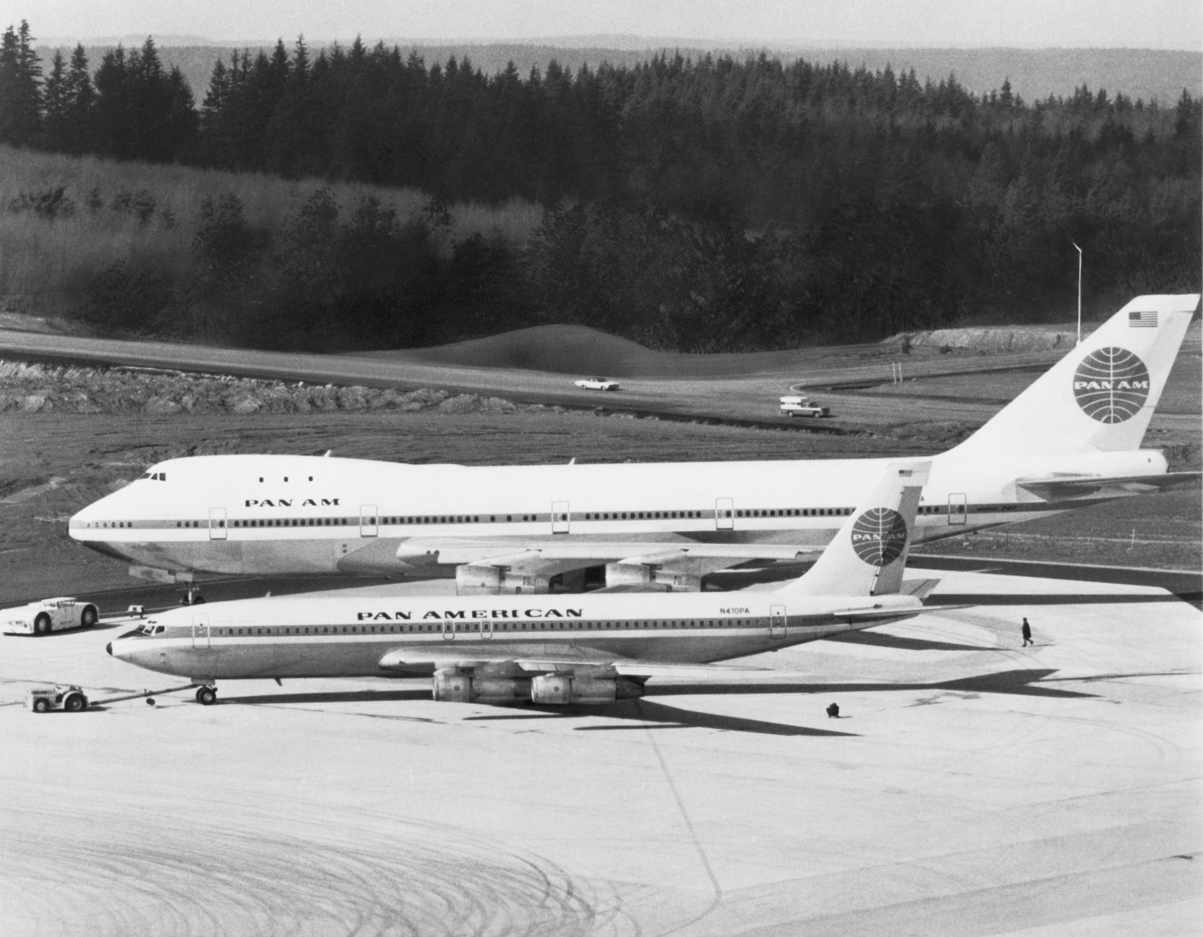 Pan Am first Boeing 747 next to a 707