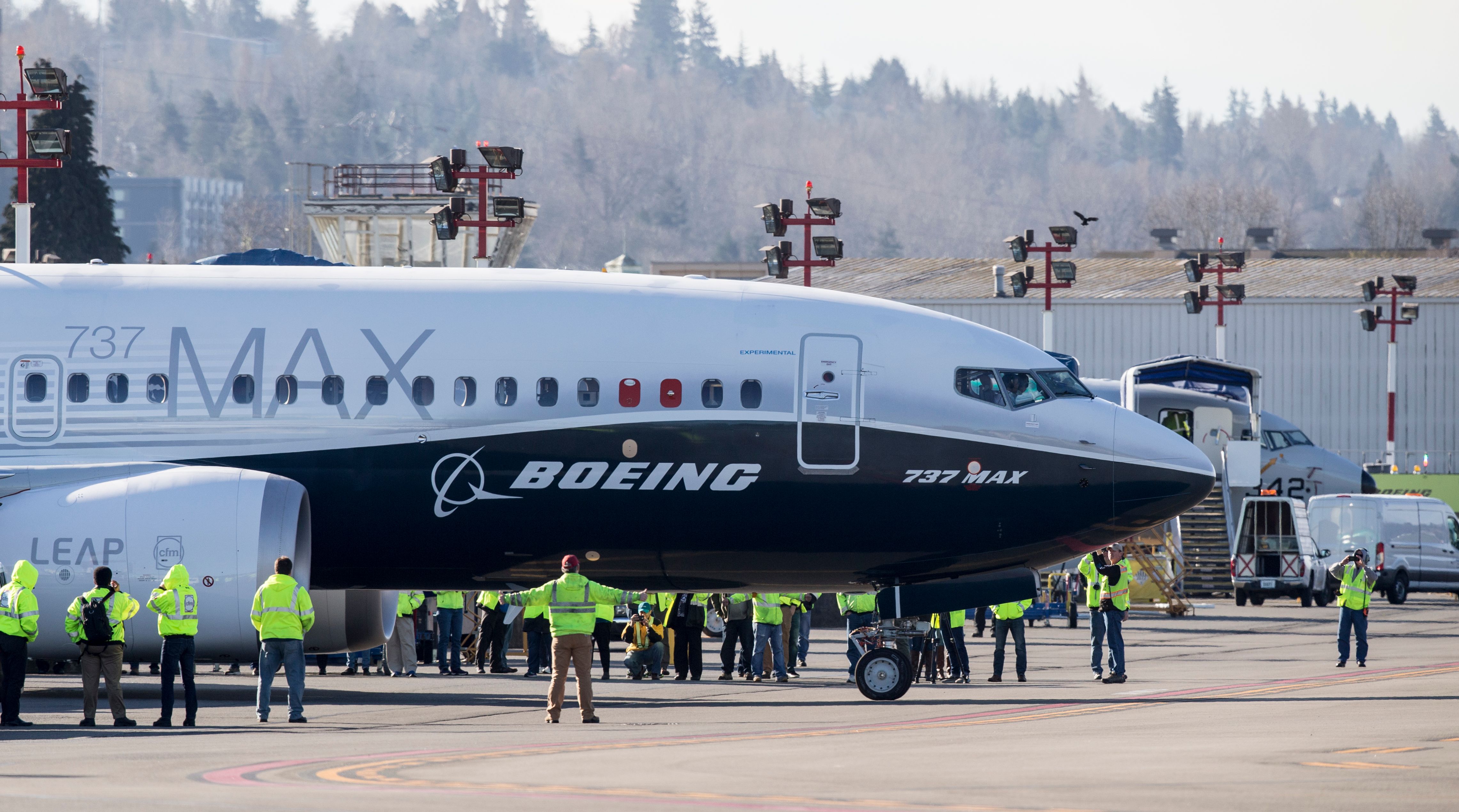 A Boeing 737 MAX rolling out of the factory