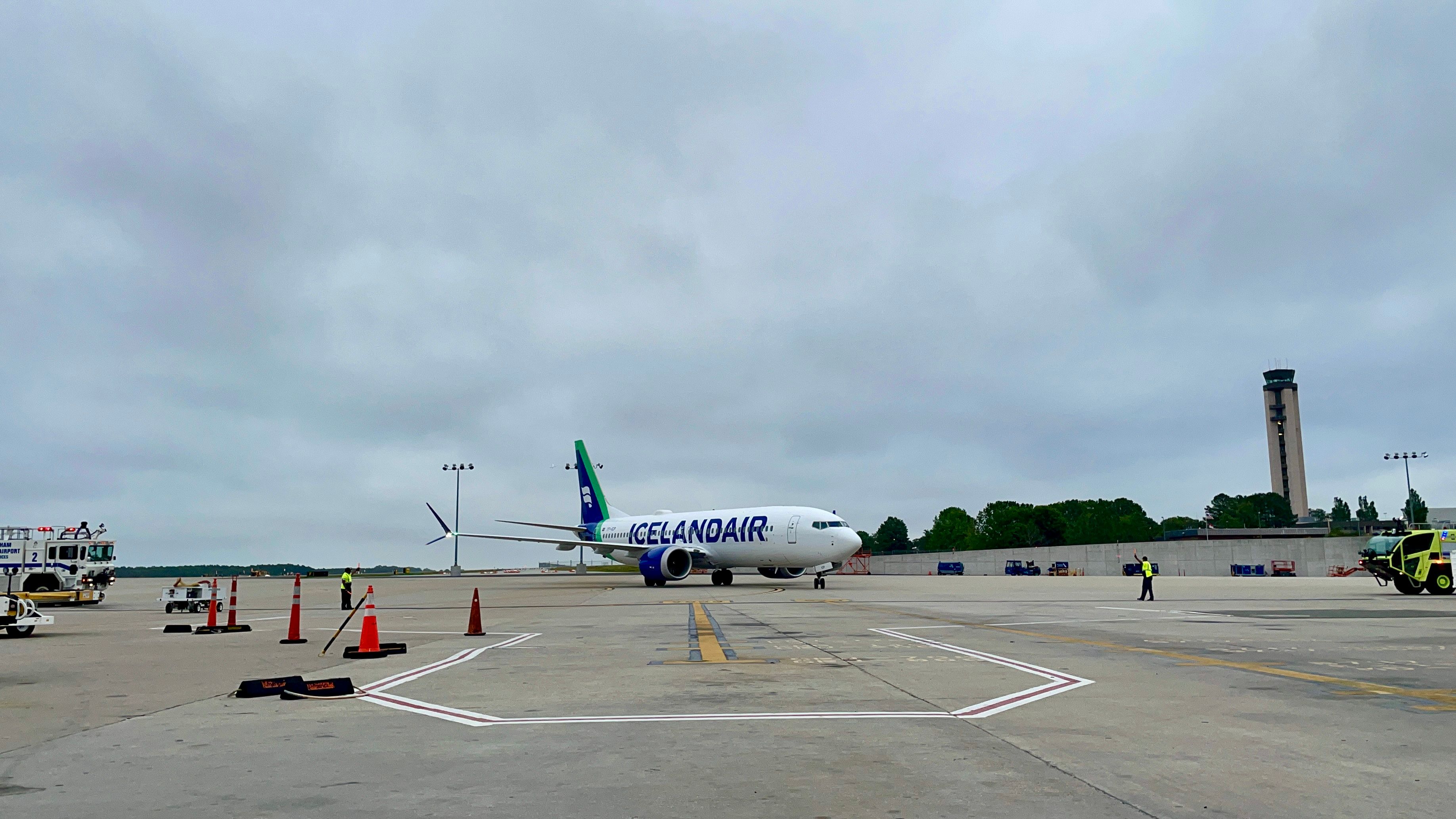 An Icelandair Boeing 737 MAX 8 lands at Raleigh Durham International airport