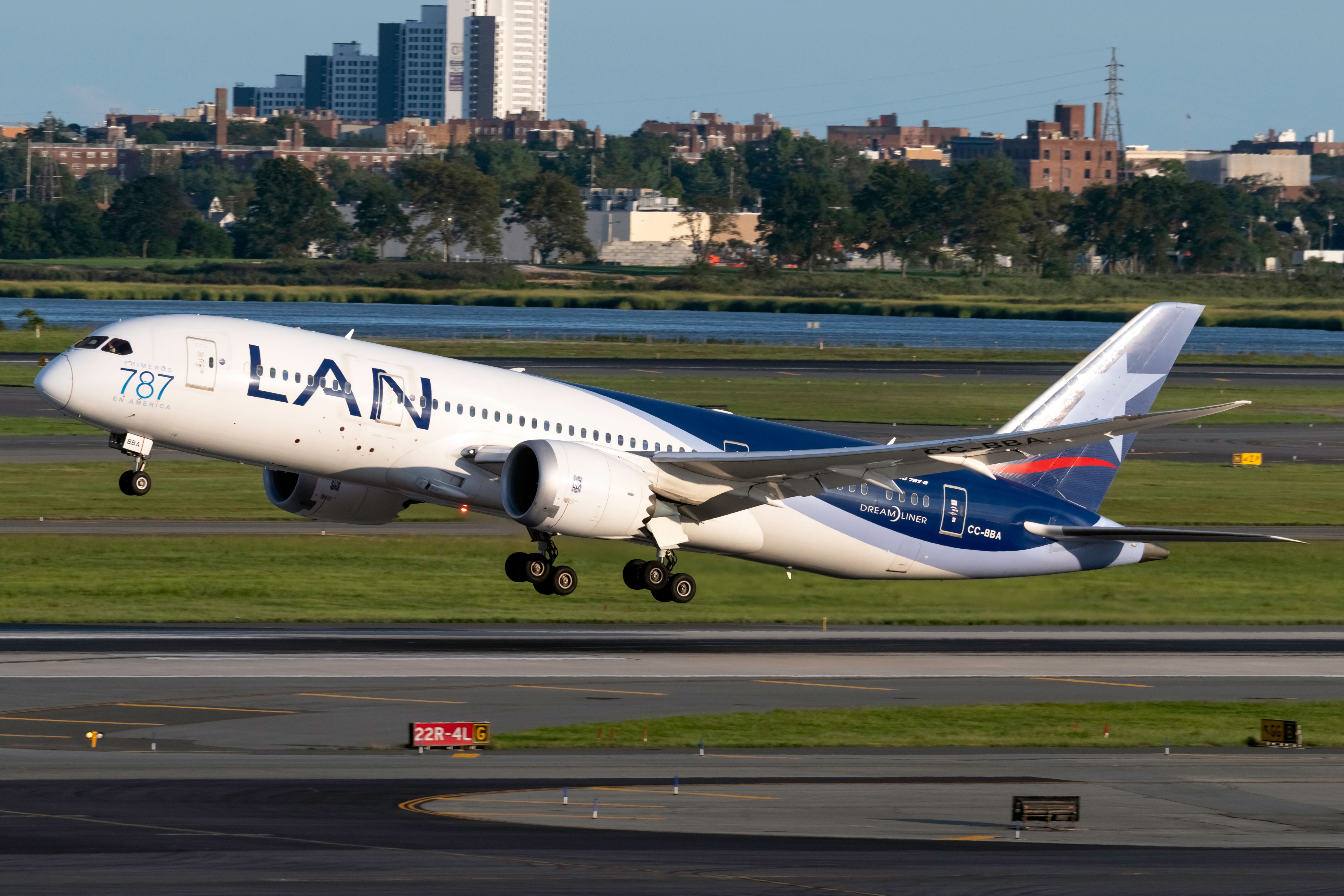 A LATAM Airlines Boeing 787-8 Dreamliner registration CC-BBA departing. 