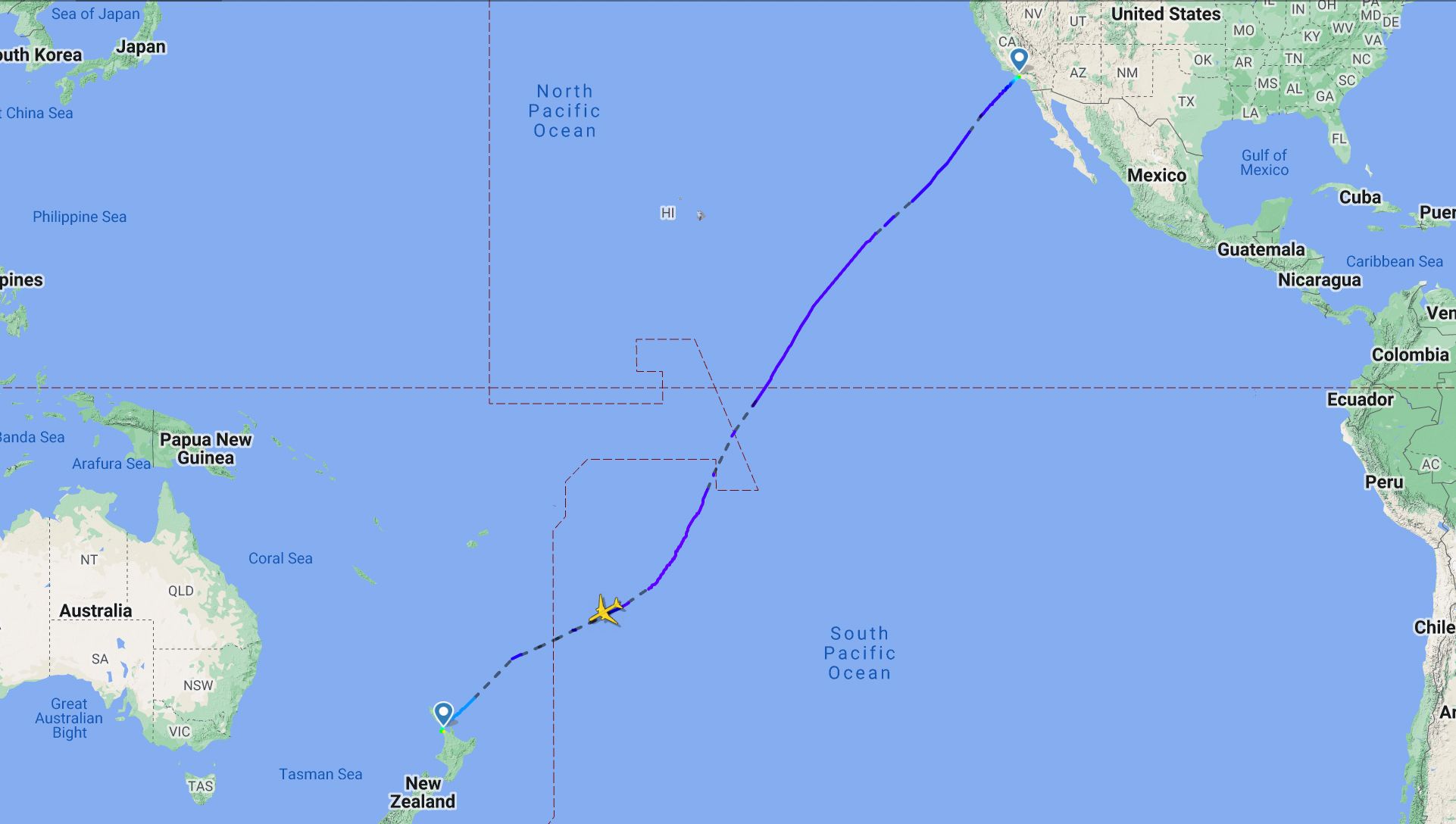 The Air New Zealand B777 was over the Pacific Ocean