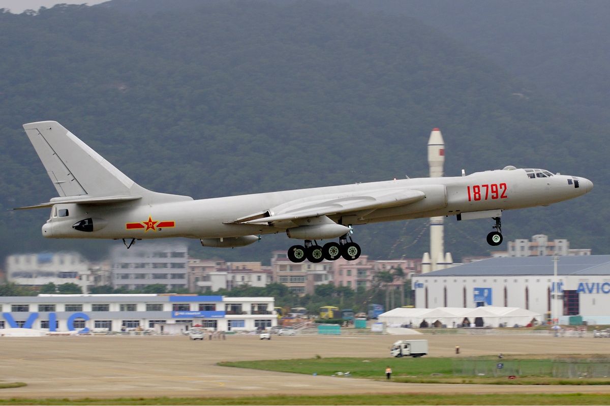 A Xian H-6 just after taking off.