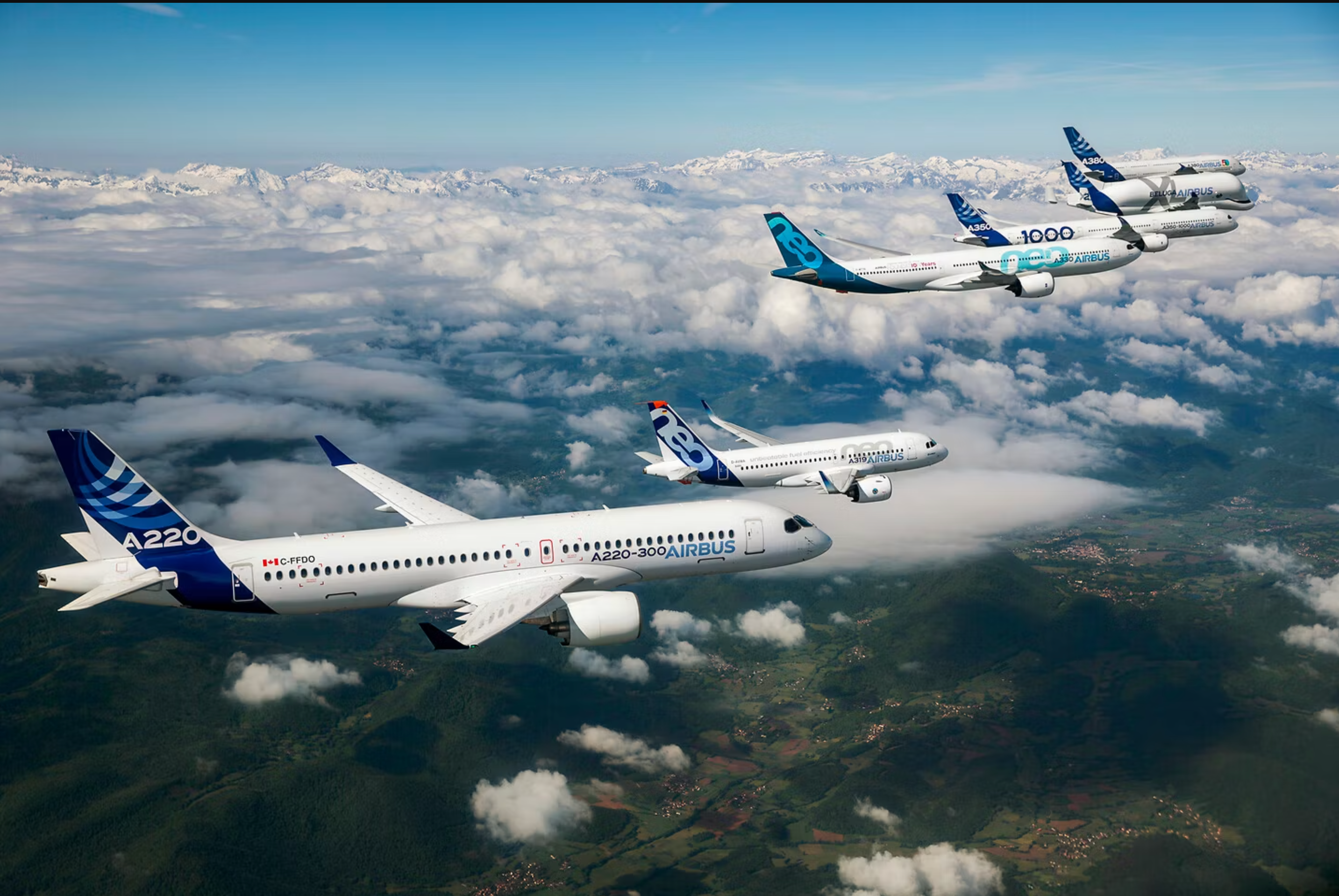 A render of several different Airbus aircraft types flying side by side.