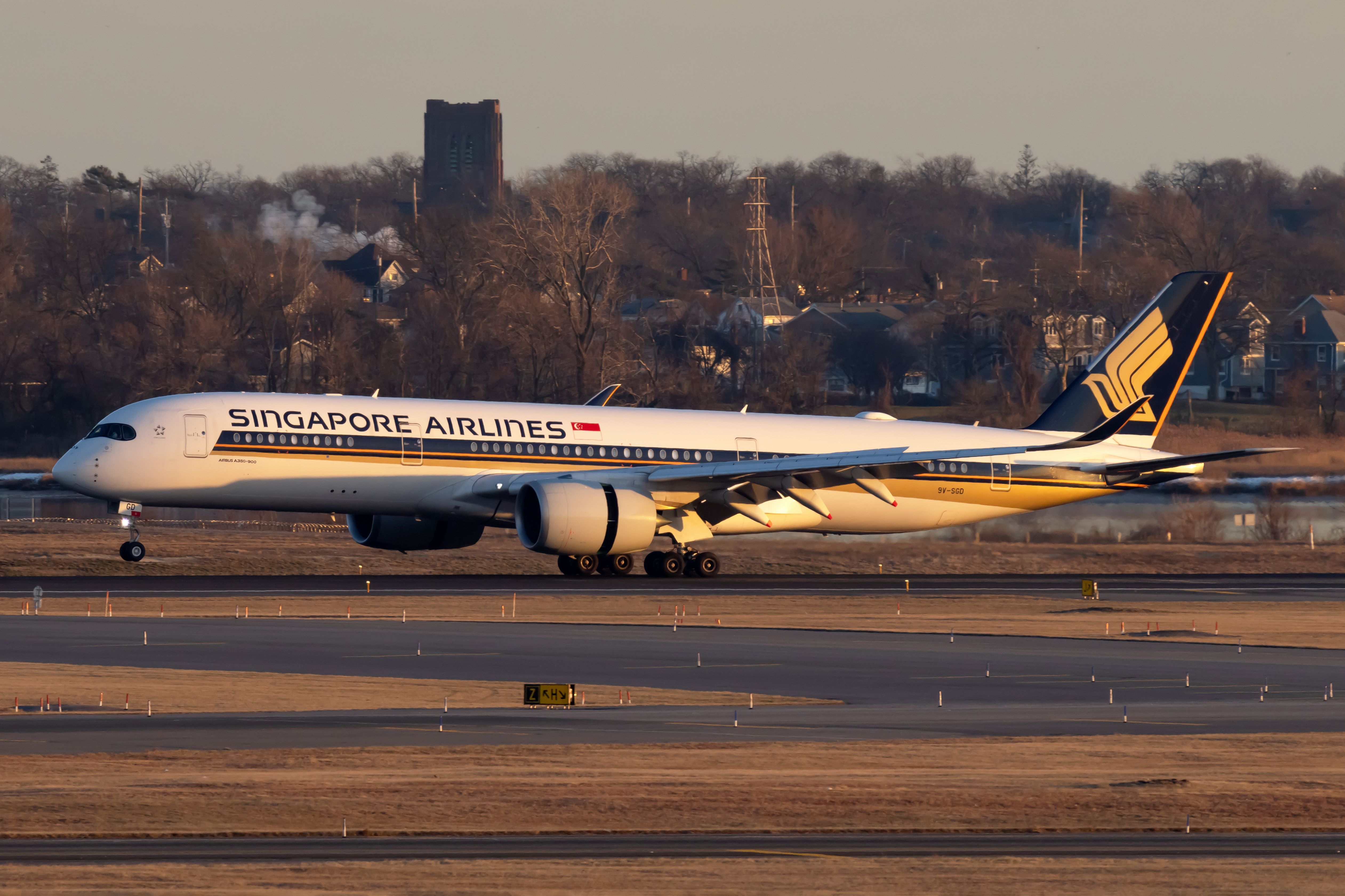 A Singapore Airlines Airbus A350-900 about to take off.