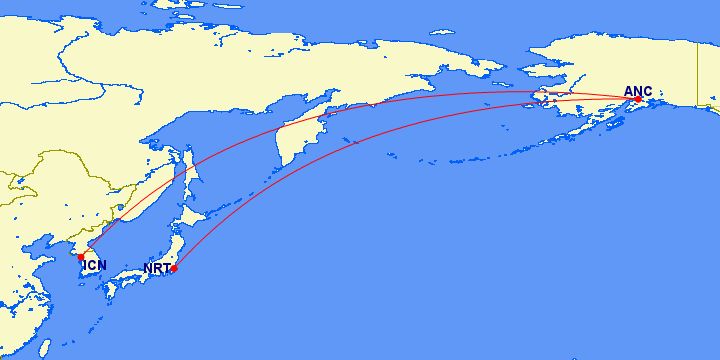 Map of flight path from anchorage to korea and japan