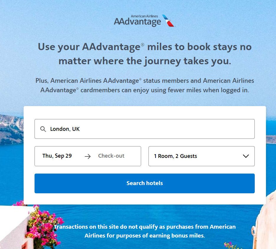 A screenshot of the American Airlines AAdvantage hotel website portal.