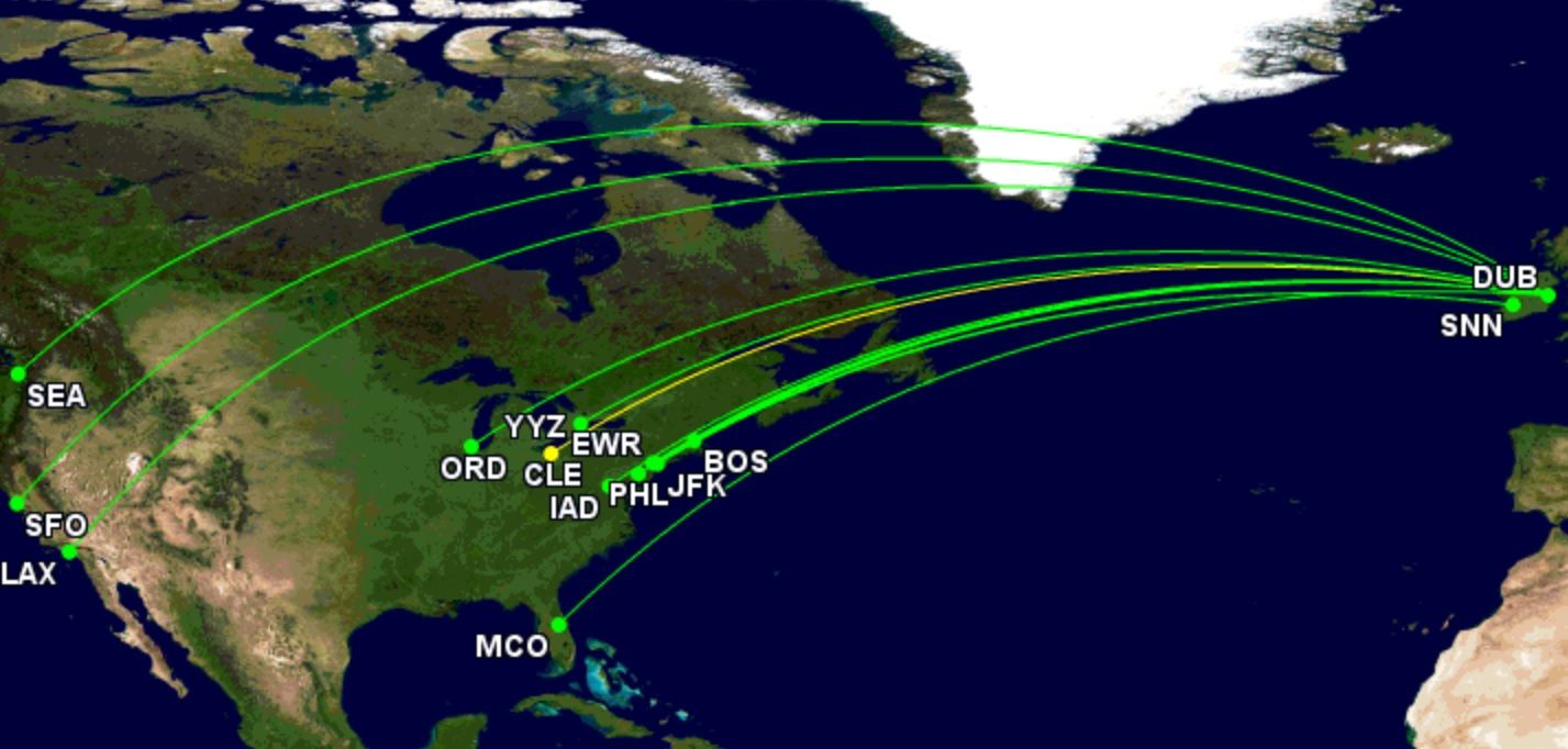 Aer Lingus' US and Canada route network April 2023
