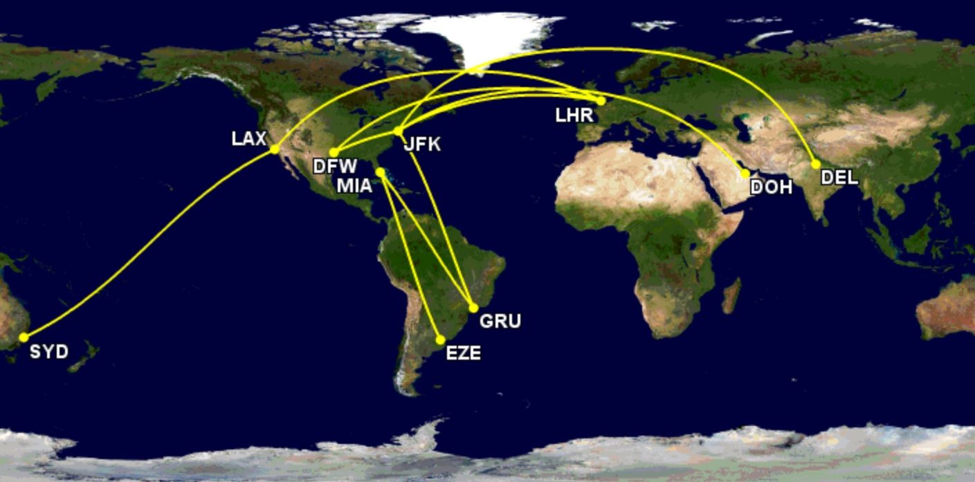 American's B777-300ER route network winter 2022