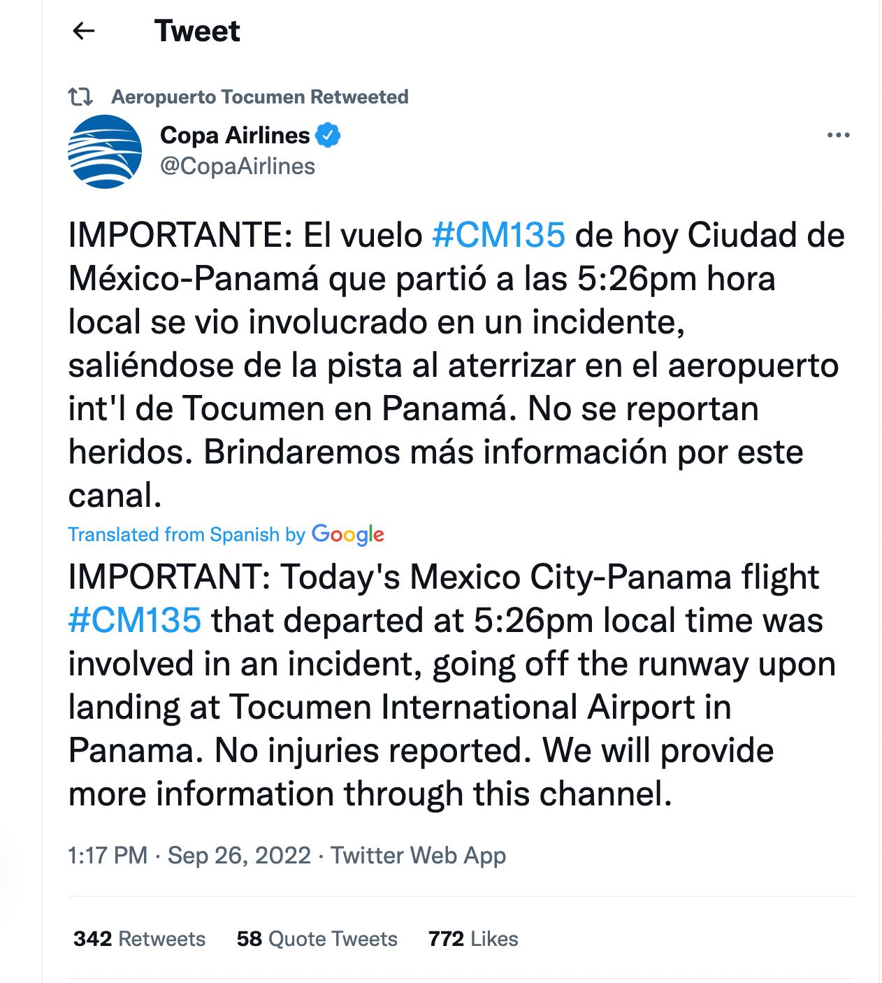 Copa Airlines Tweet