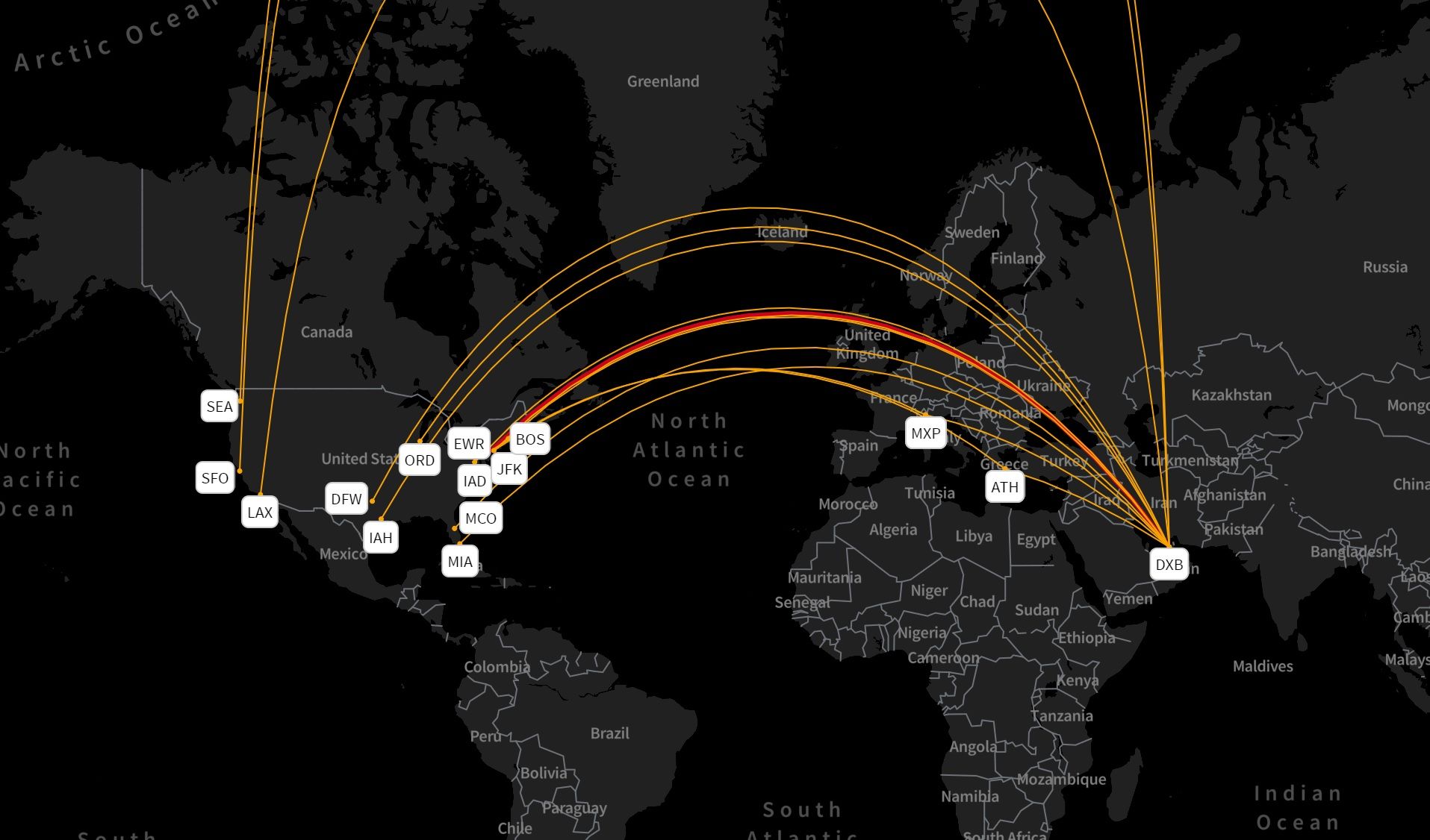 Emirates and United's Dubai-US route network
