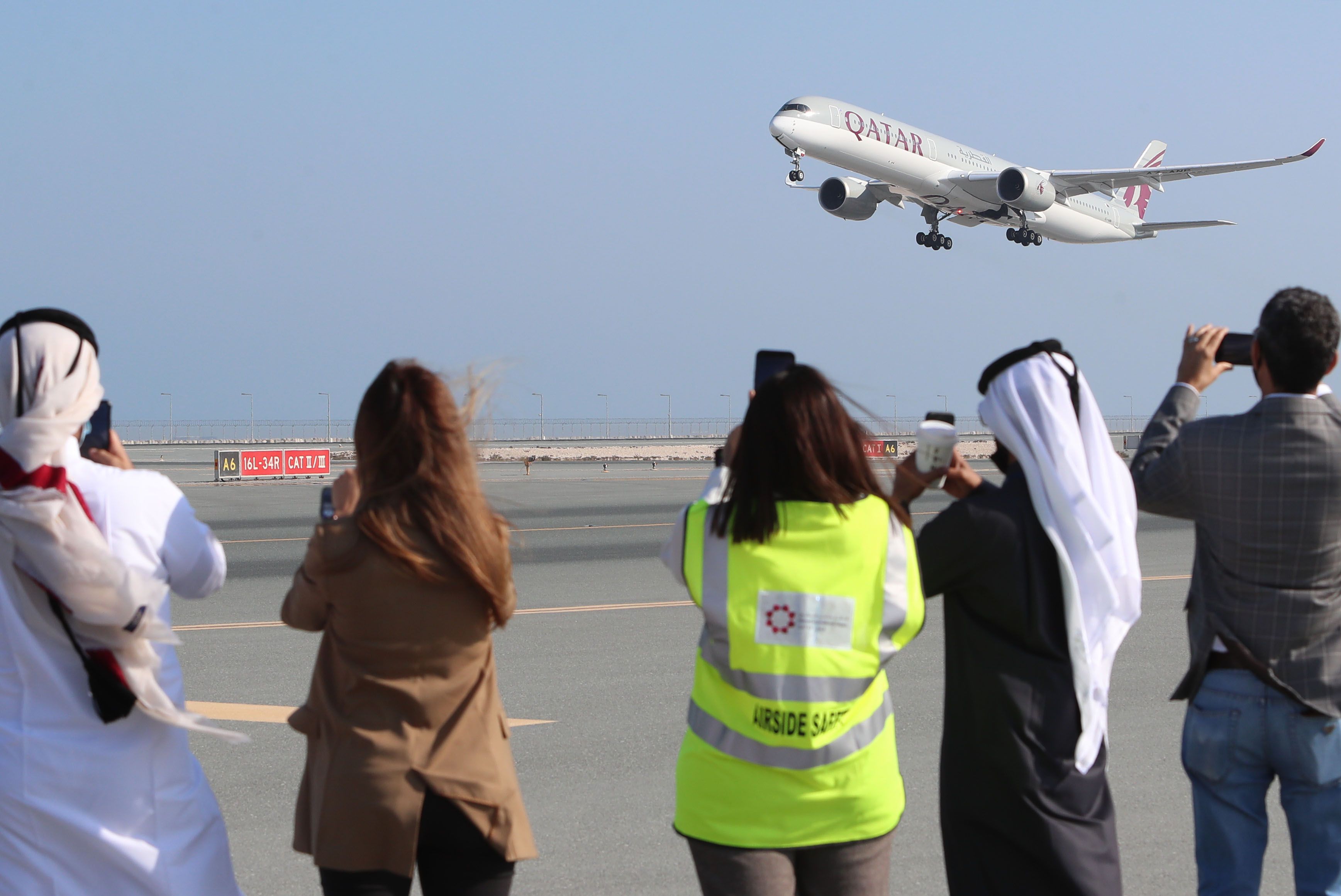 A Qatar Airways Airbus A350 airplane takes off from Hamad International Airport near the Qatari capital Doha.