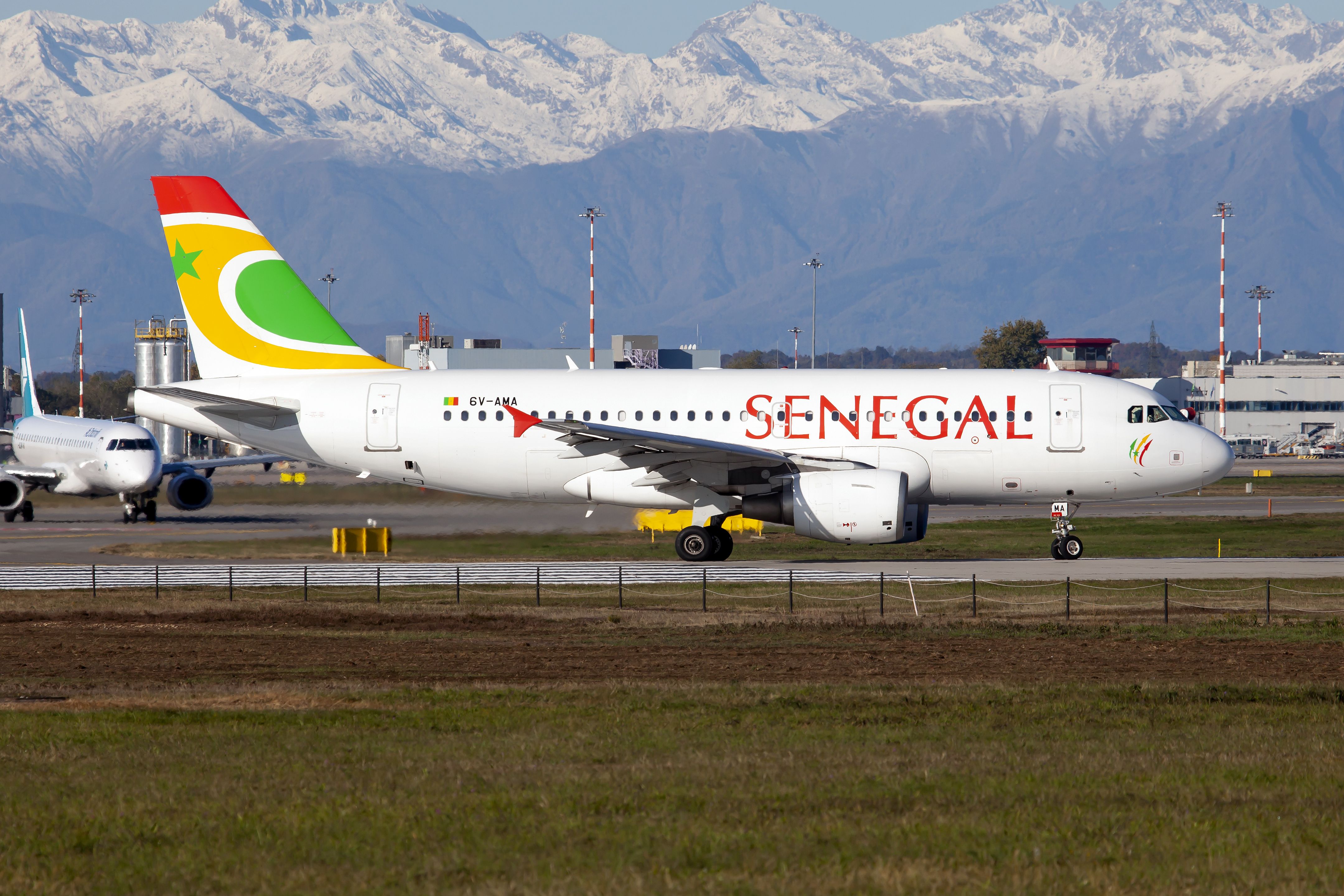 An Air Senegal Airbus 319 lining up for departure from Milan Malpensa airport. 