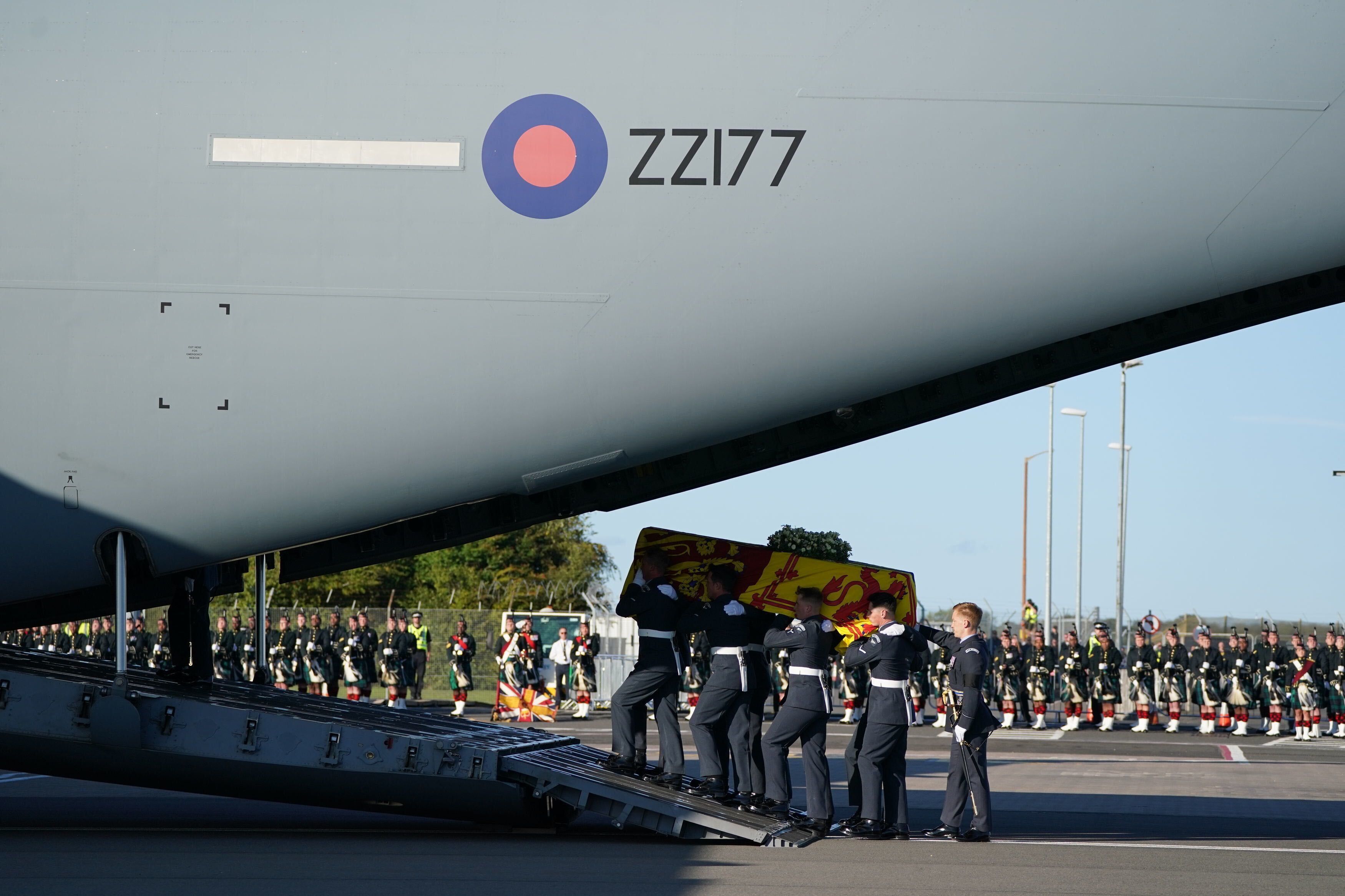 Queen Elizabeth II's coffin is loaded onto a Boeing C17