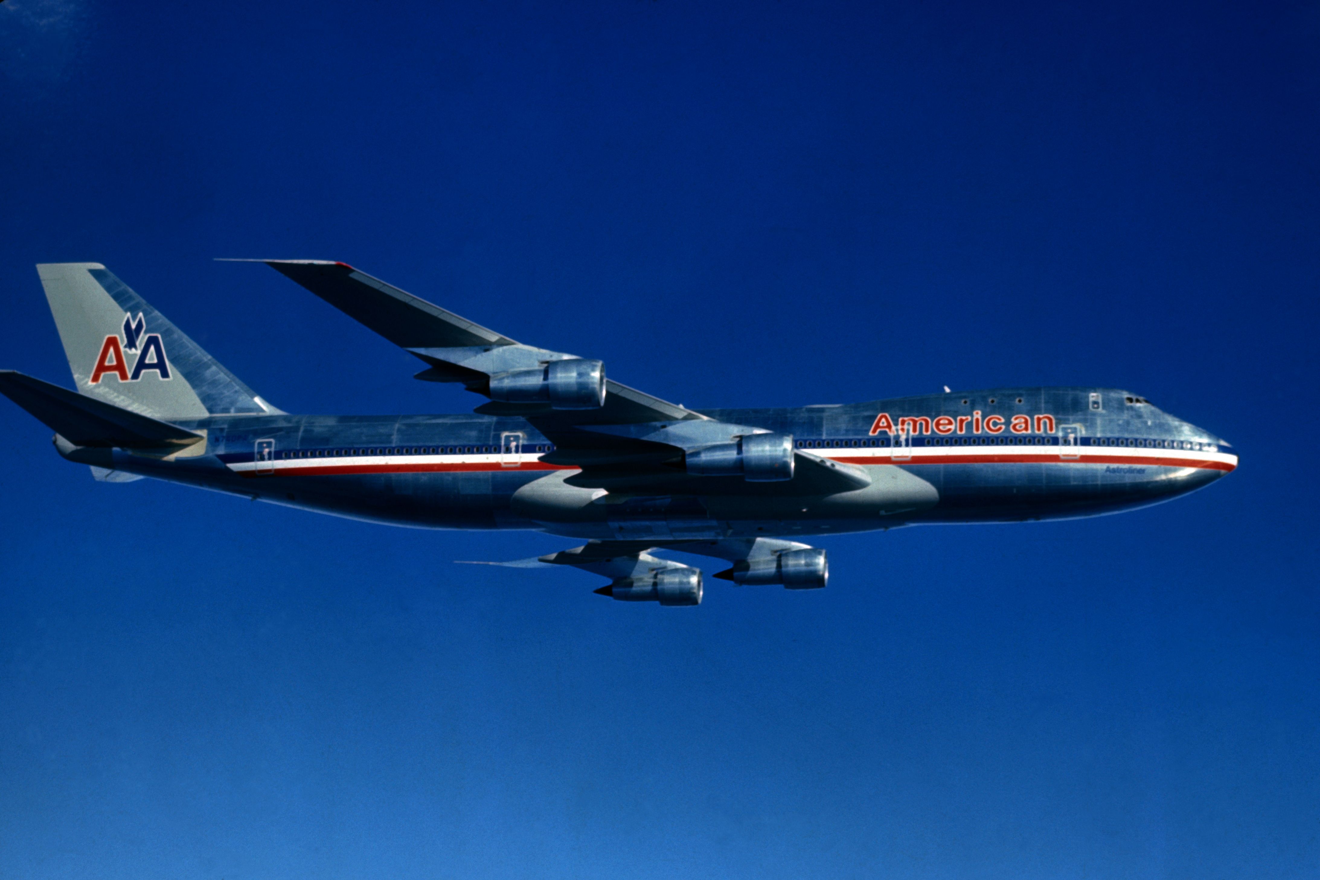 American Airlines Boeing 747 against blue sky