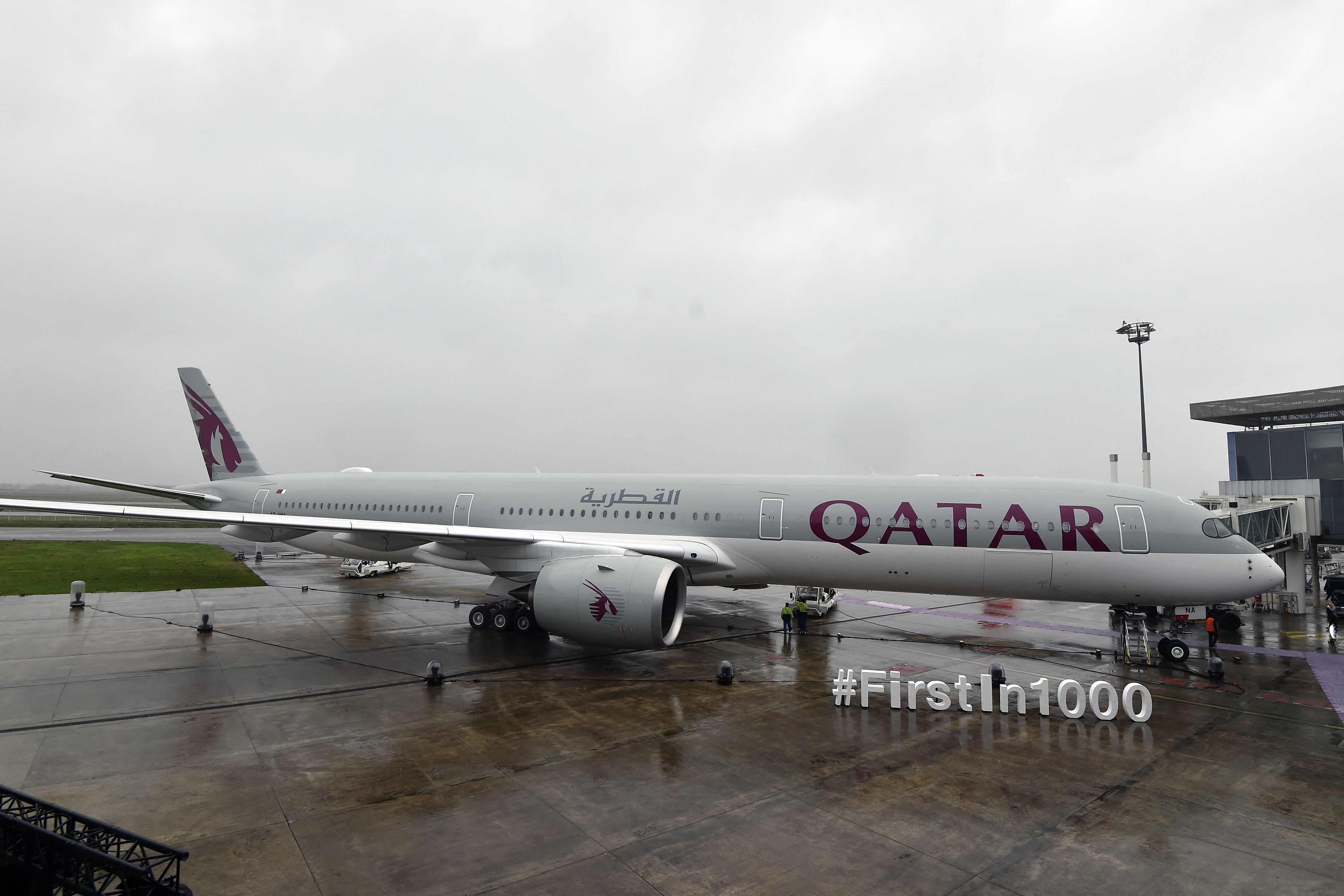 The first Airbus A350-1000, bearing the logo of Qatar Airways, is stationed on the tarmac on February 20, 2018 at the Airbus delivery center, in Colomiers southwestern France.