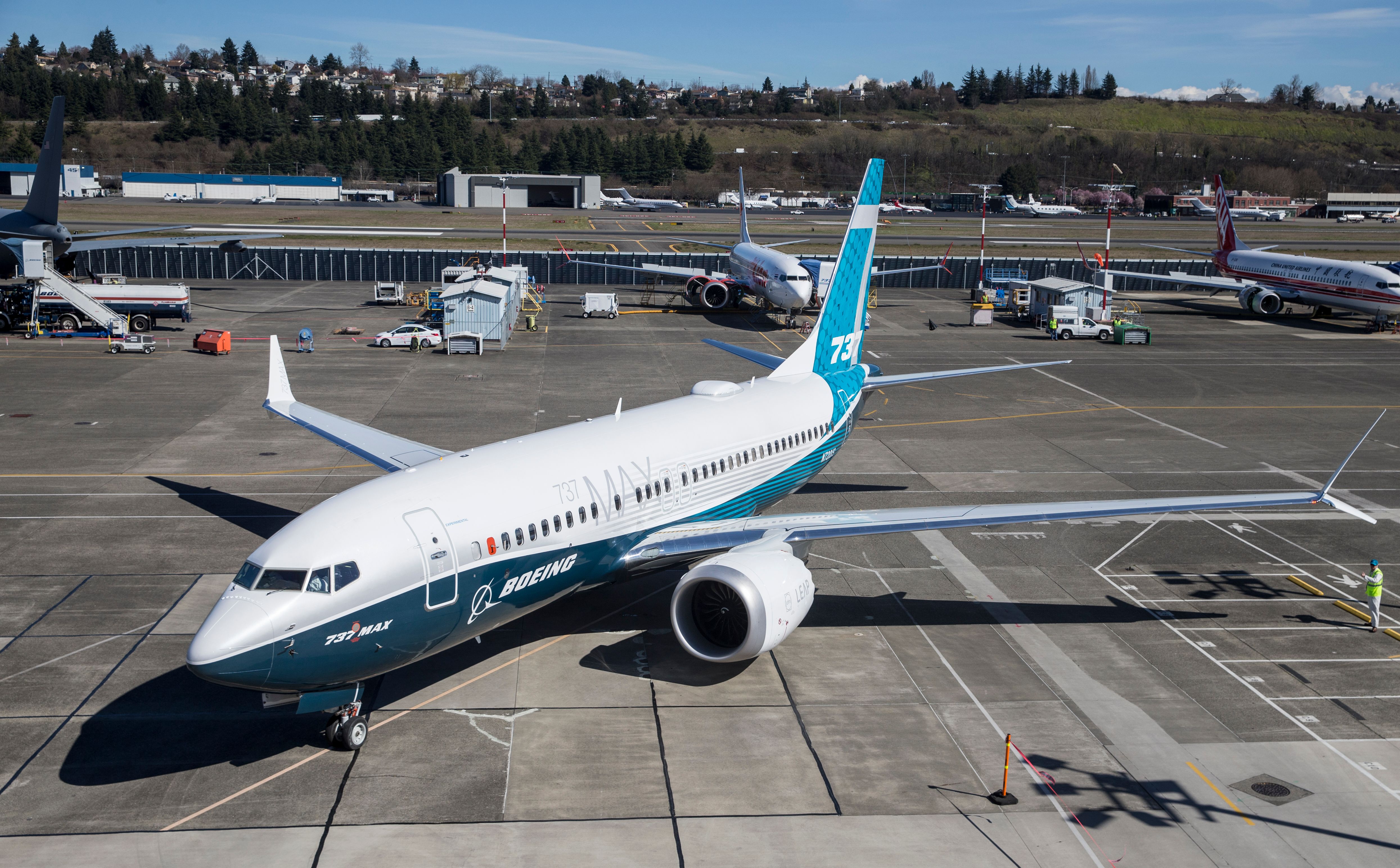 A Boeing 737 MAX 7 taxis at Boeing Field