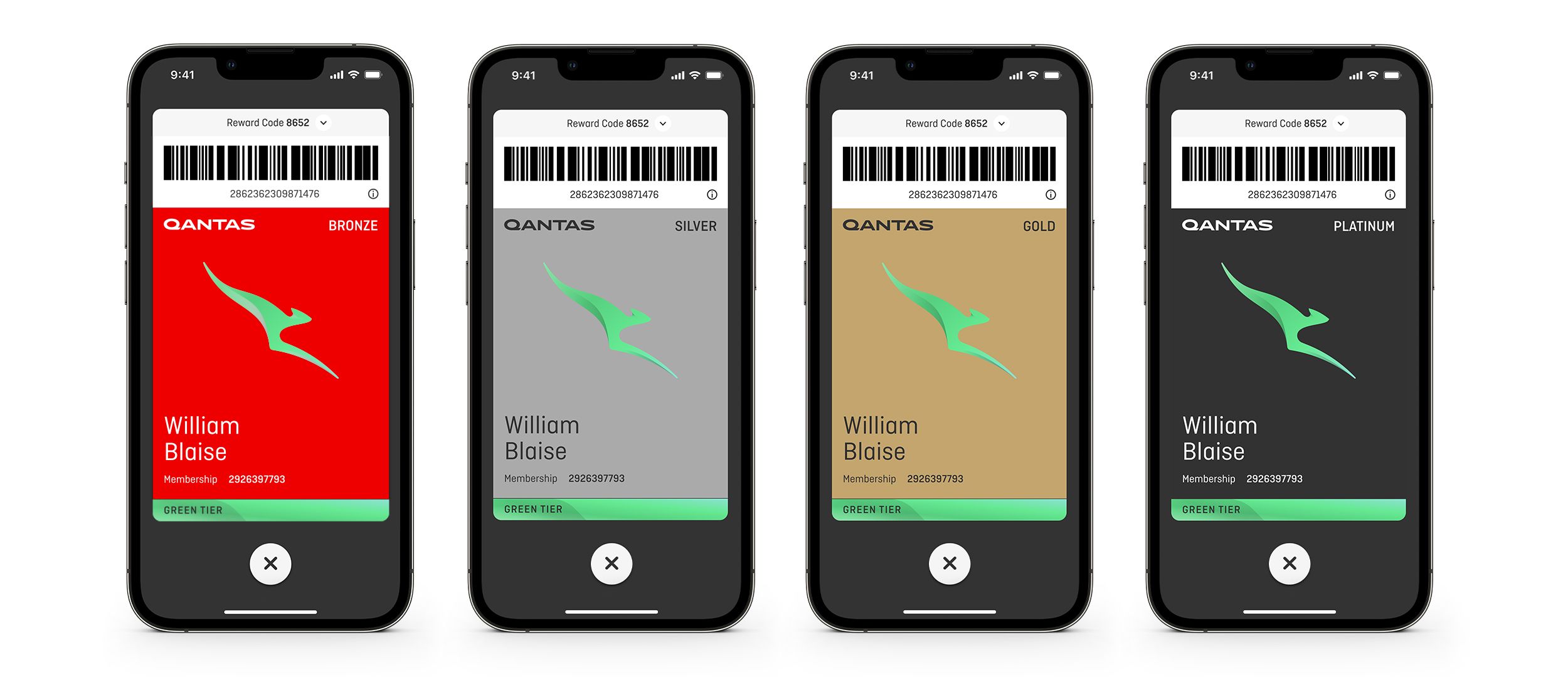 Qantas green tier digital membership cards shown on phones