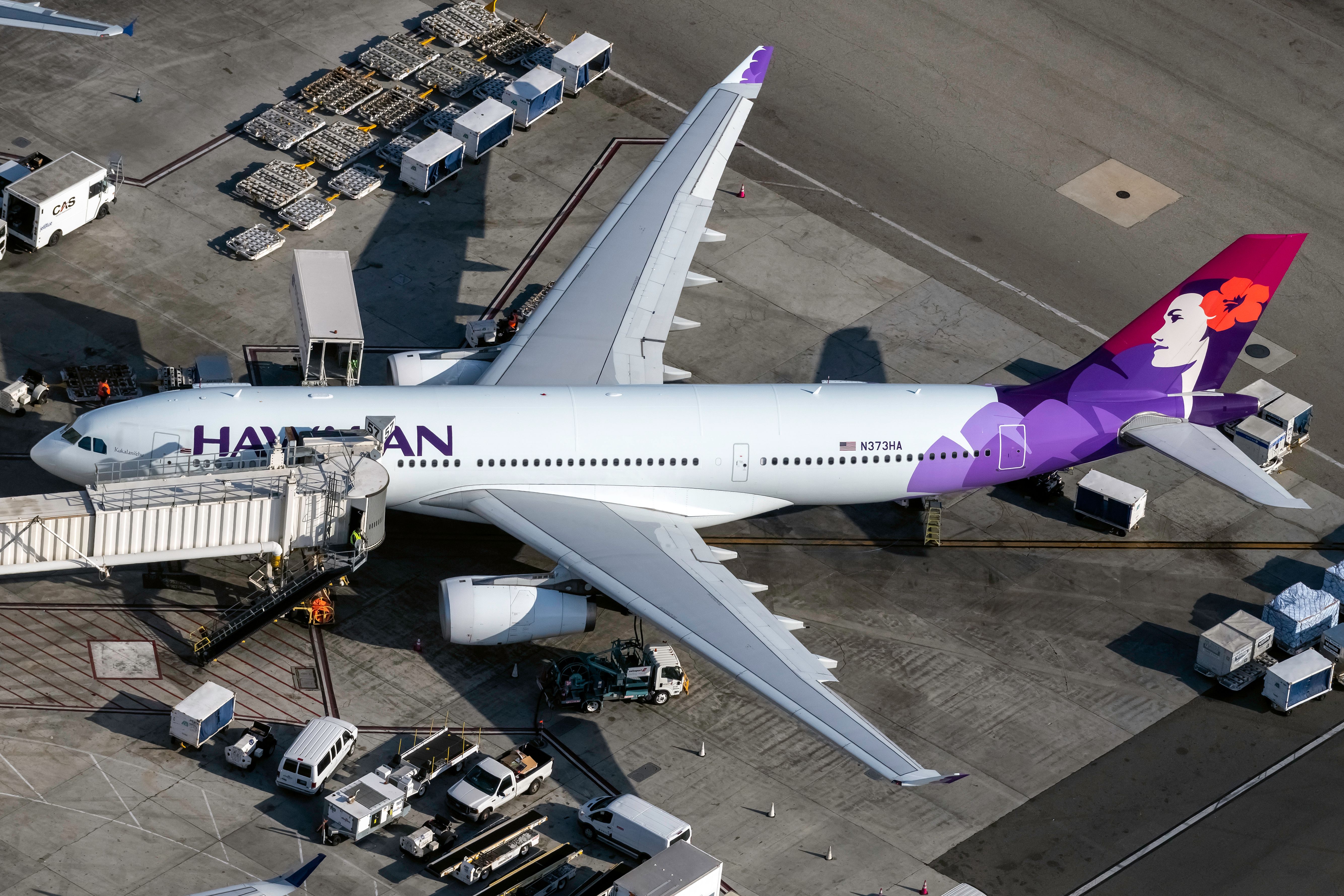 A Hawaiian Airlines Airbus A330-200 parked at New York JFK Airport. 