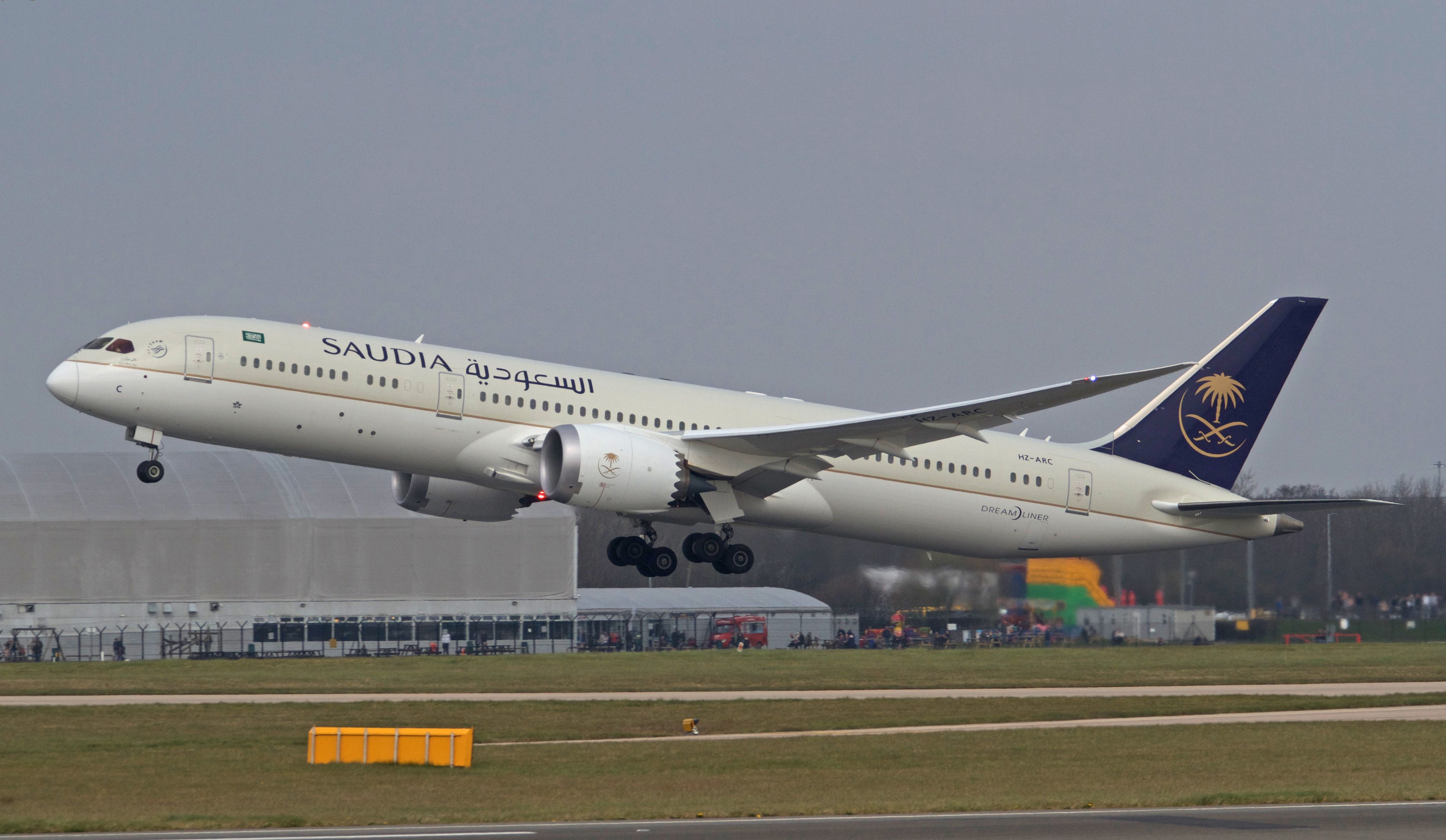 A Saudia Boeing 787 Dreamliner taking off