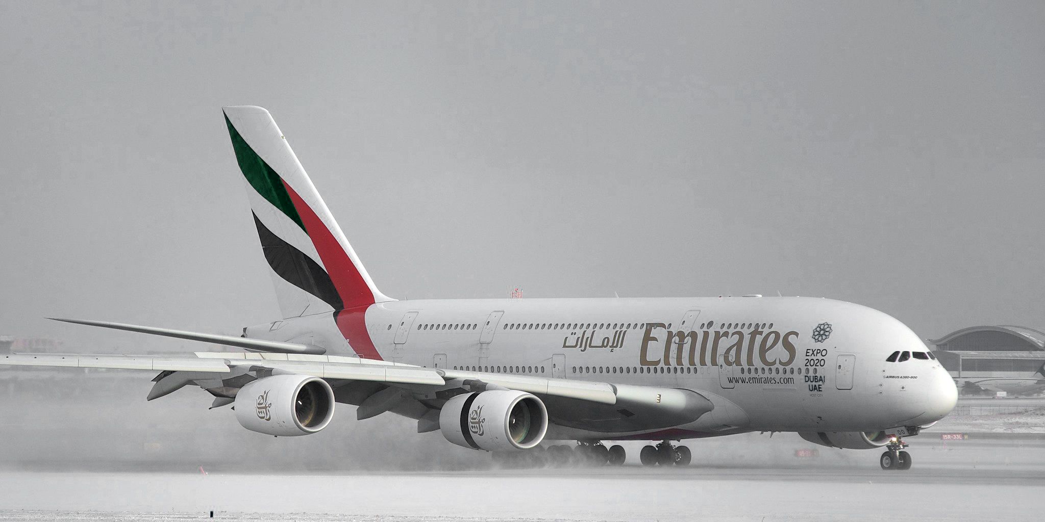 Emirates Airbus A380 landing in snow