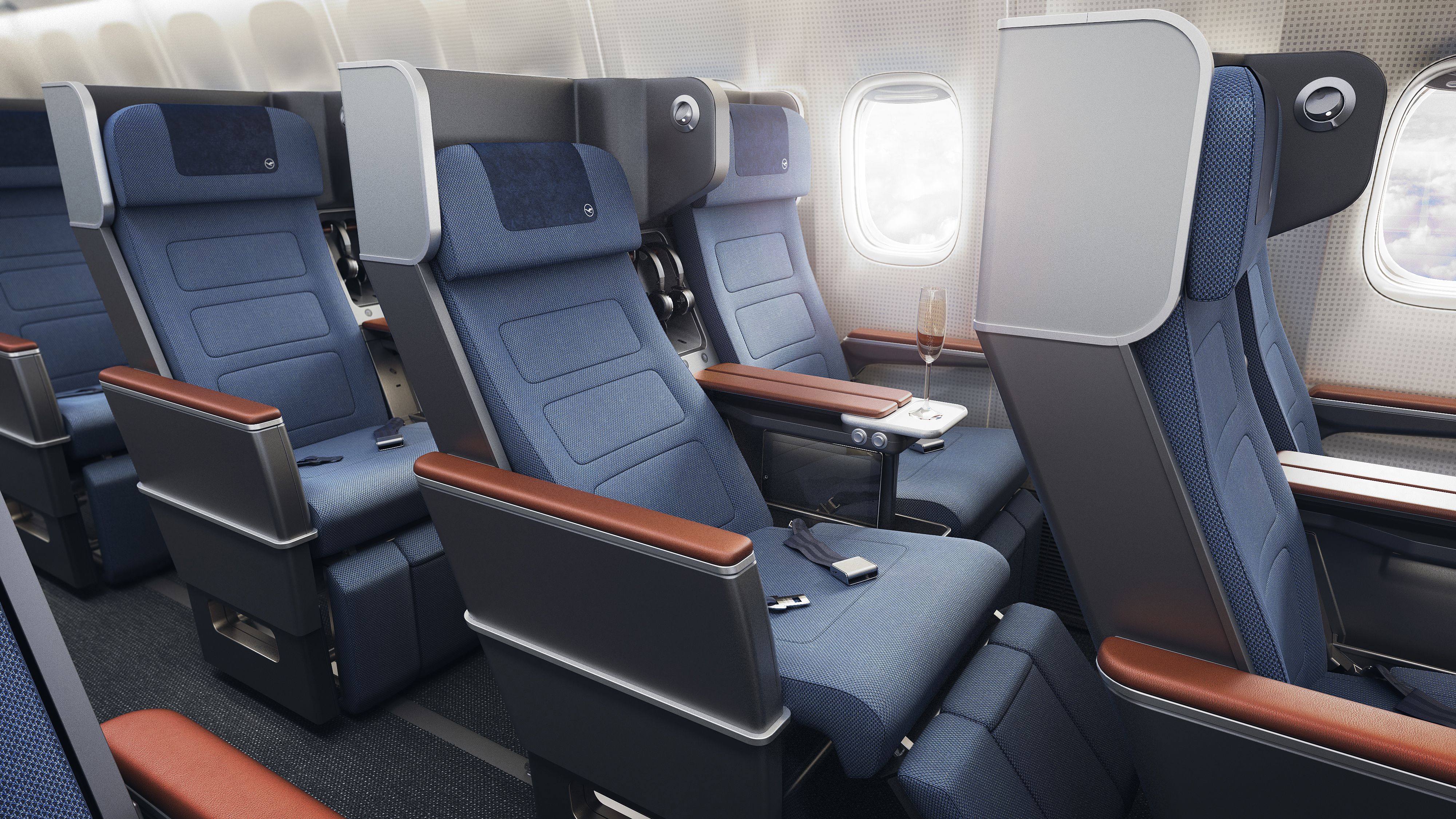 Premium economy Lufthansa hard-shell reclining seats under Allegris programs