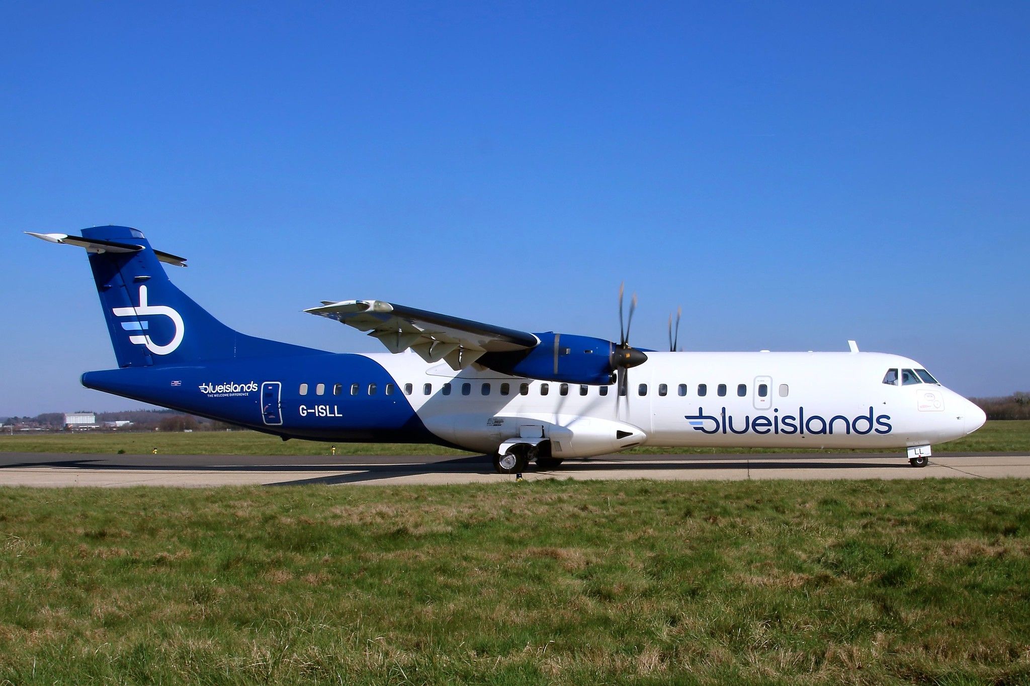 A Blue Islands ATR 72 on the taxiway.