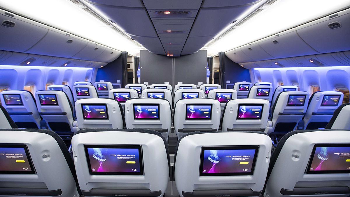 Inside the British Airways economy cabin on its Boeing 777.