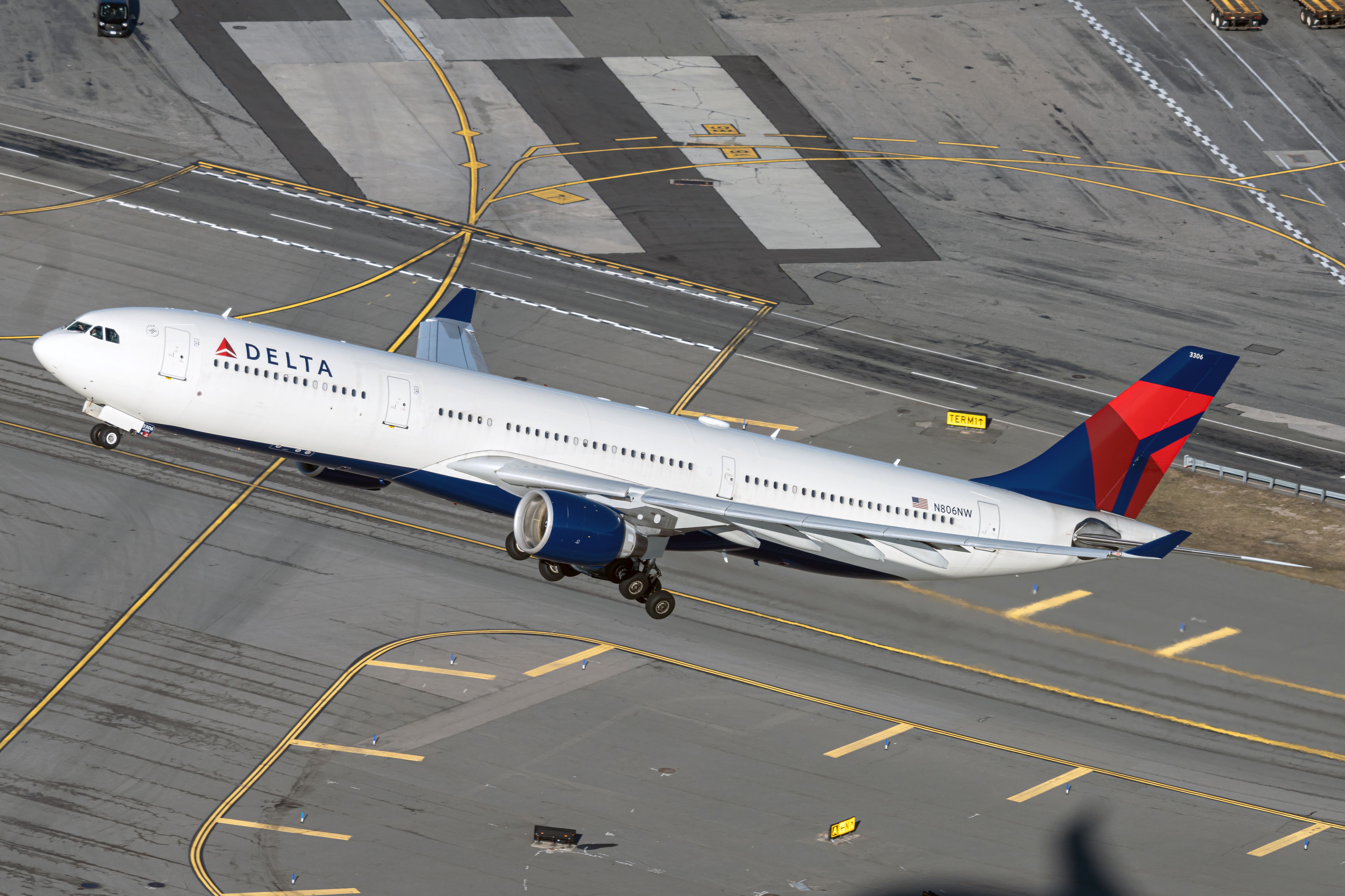 A Delta Air Lines Airbus A330-300 just after take off.