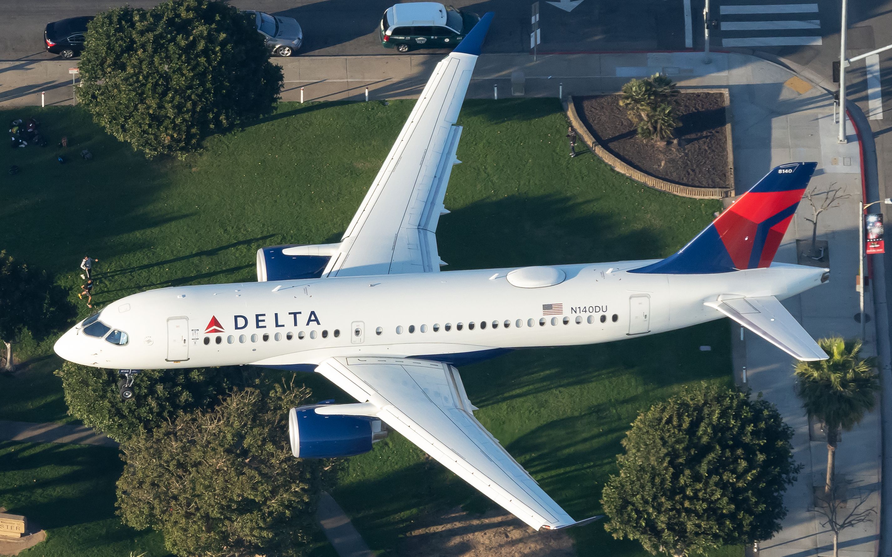 A Delta Air Lines Airbus A220-100 about to land.