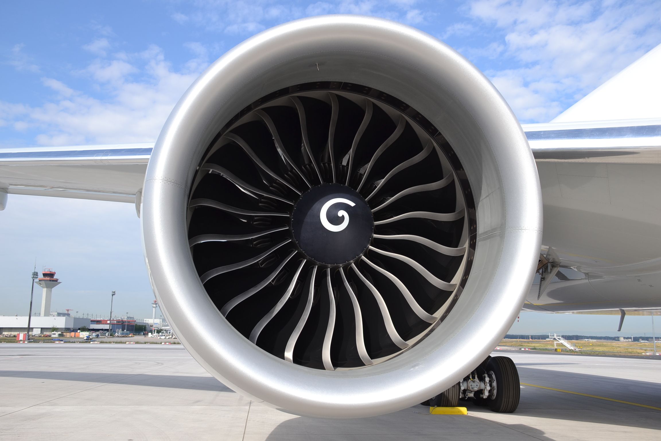 The General Electric GE90 engine on a Boeing 777 aircraft.
