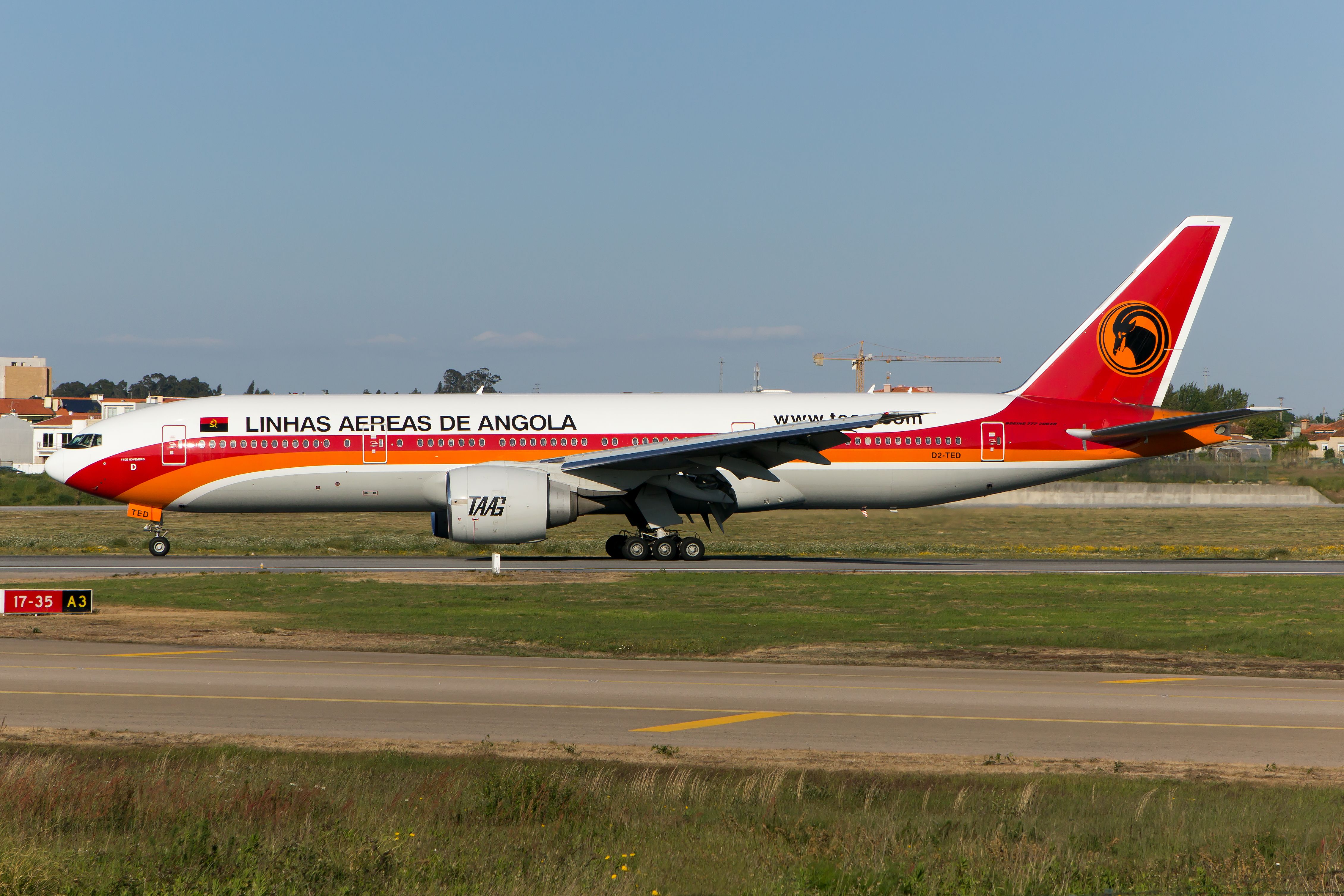 A TAAG Linhas Aéreas de Angola Boeing 777-200ER just landed at Lisbon Portela Airport.