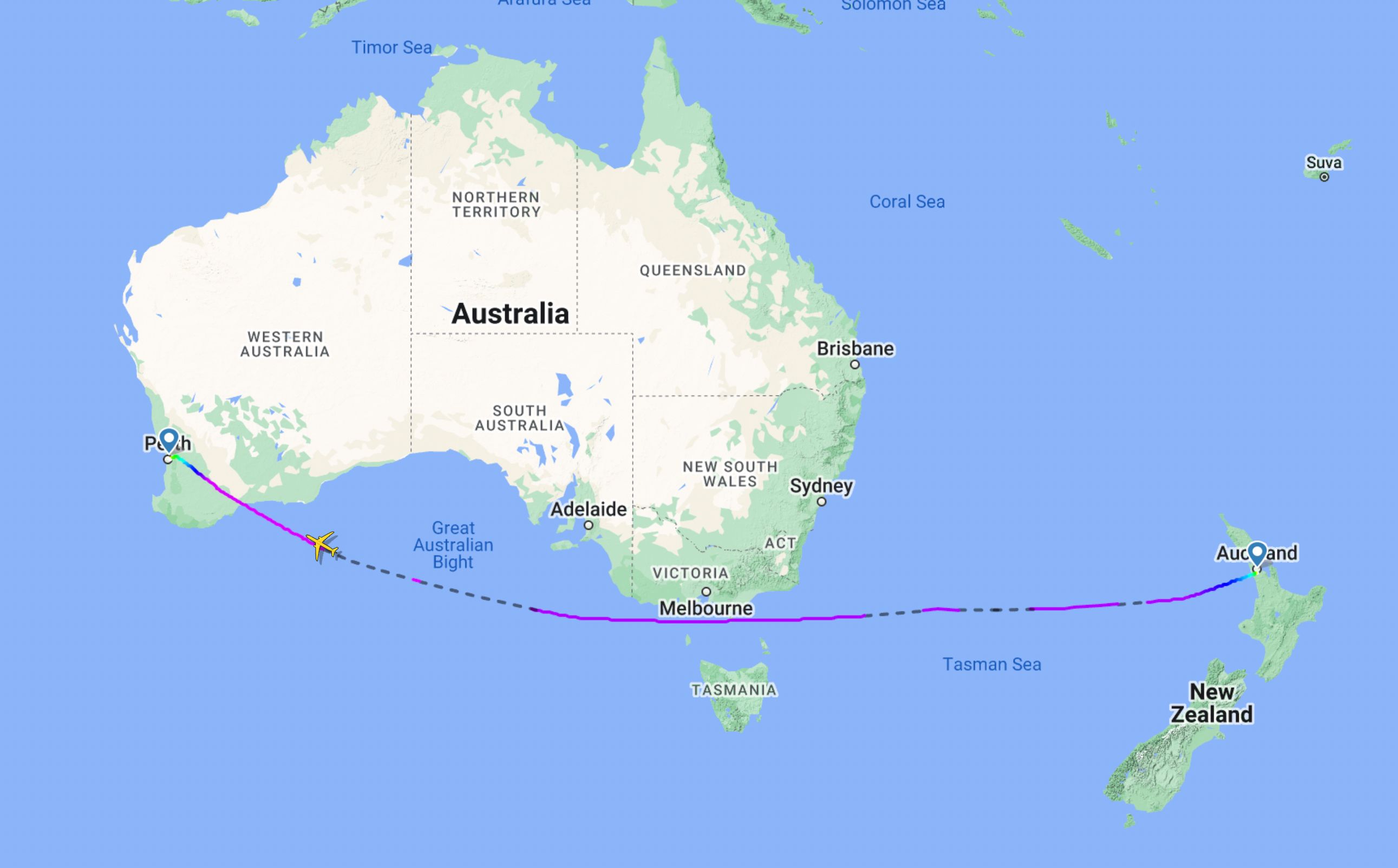 Flightpath map of Air New Zealand NZ175 Auckland to Perth 