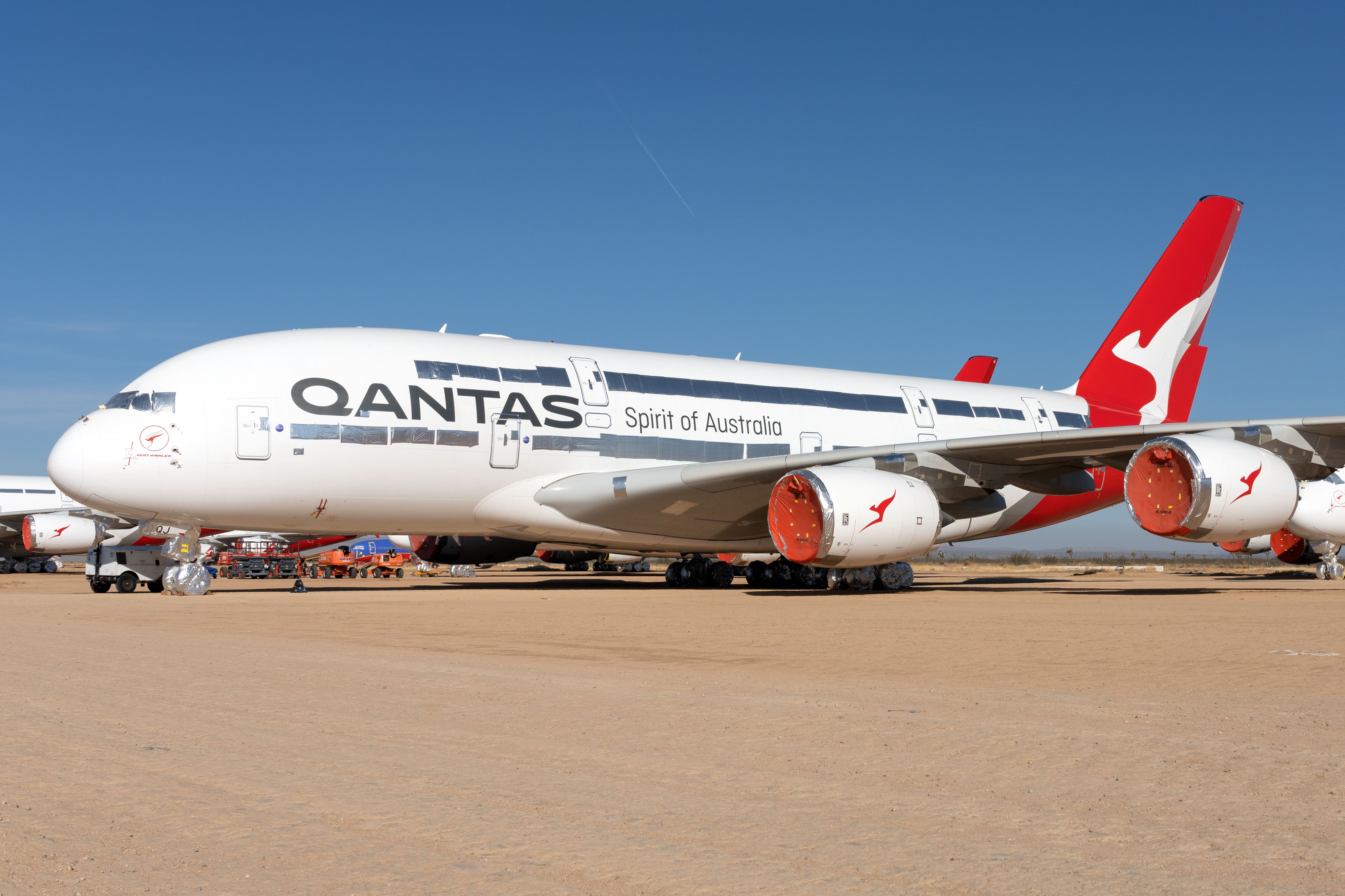 Qantas Airbus A380-841 parked in the Victorville desert storage facility 