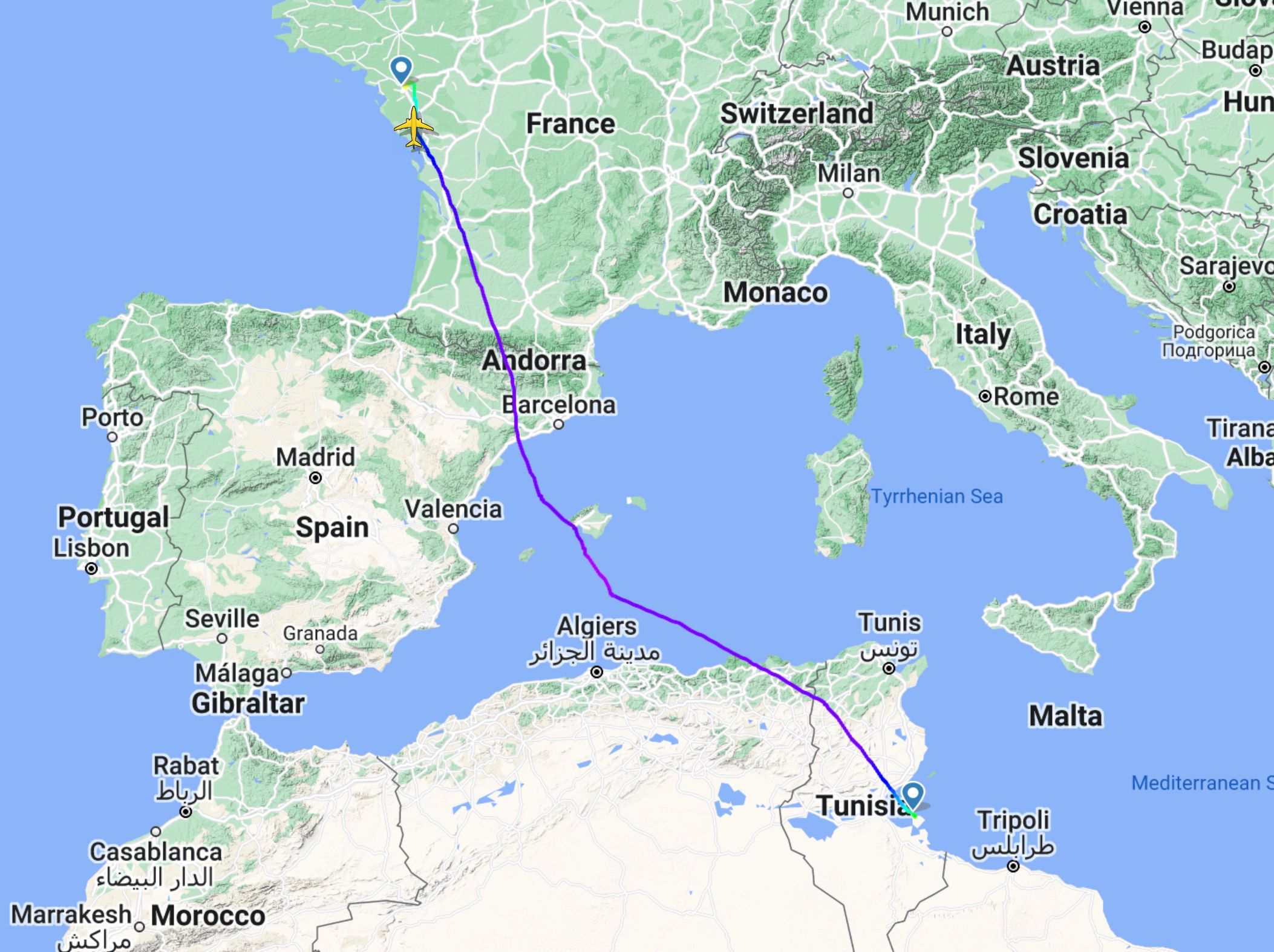 Transavia TO3943 a volé de la Tunisie à l'aéroport de Nantes en France.
