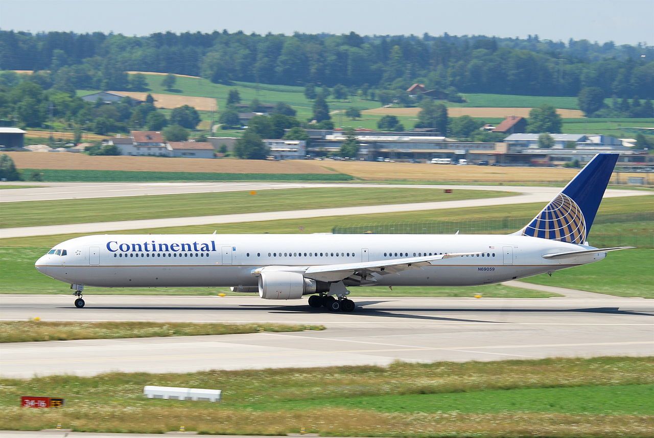 A Continental 767-400 on the taxiway.