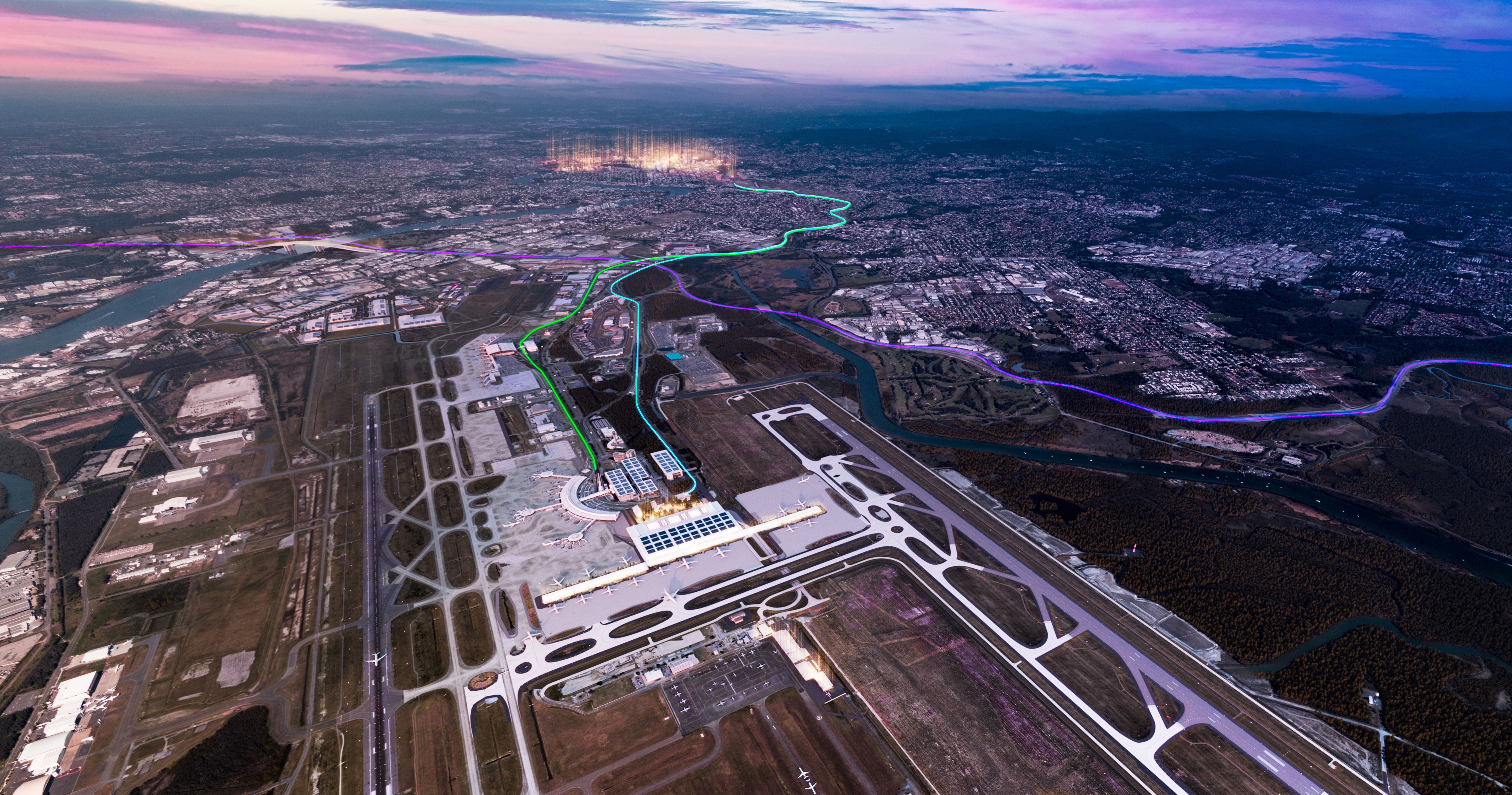 Brisbane Airport Terminal 3 is poised to be inbetween the two runways