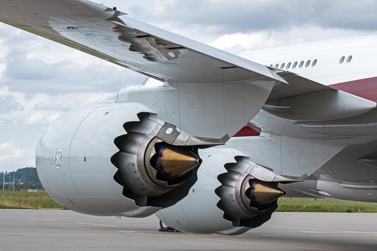 Closeup of the engines on a Boeing 747-8.