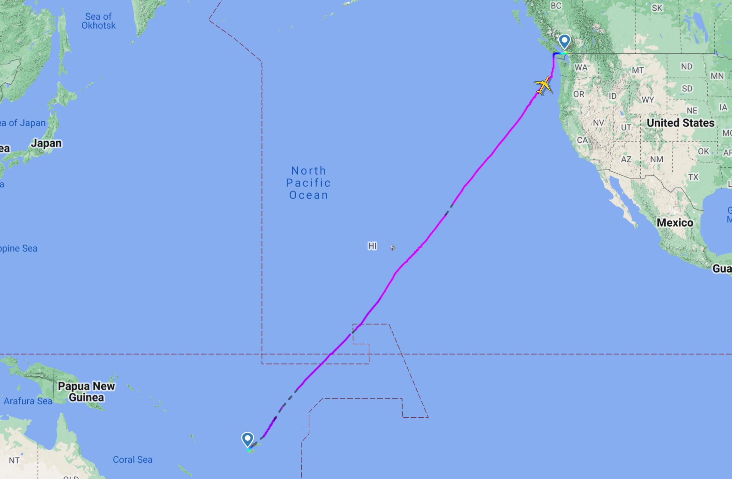 Fiji Airways FJ880 Nadi to Vancouver flight map