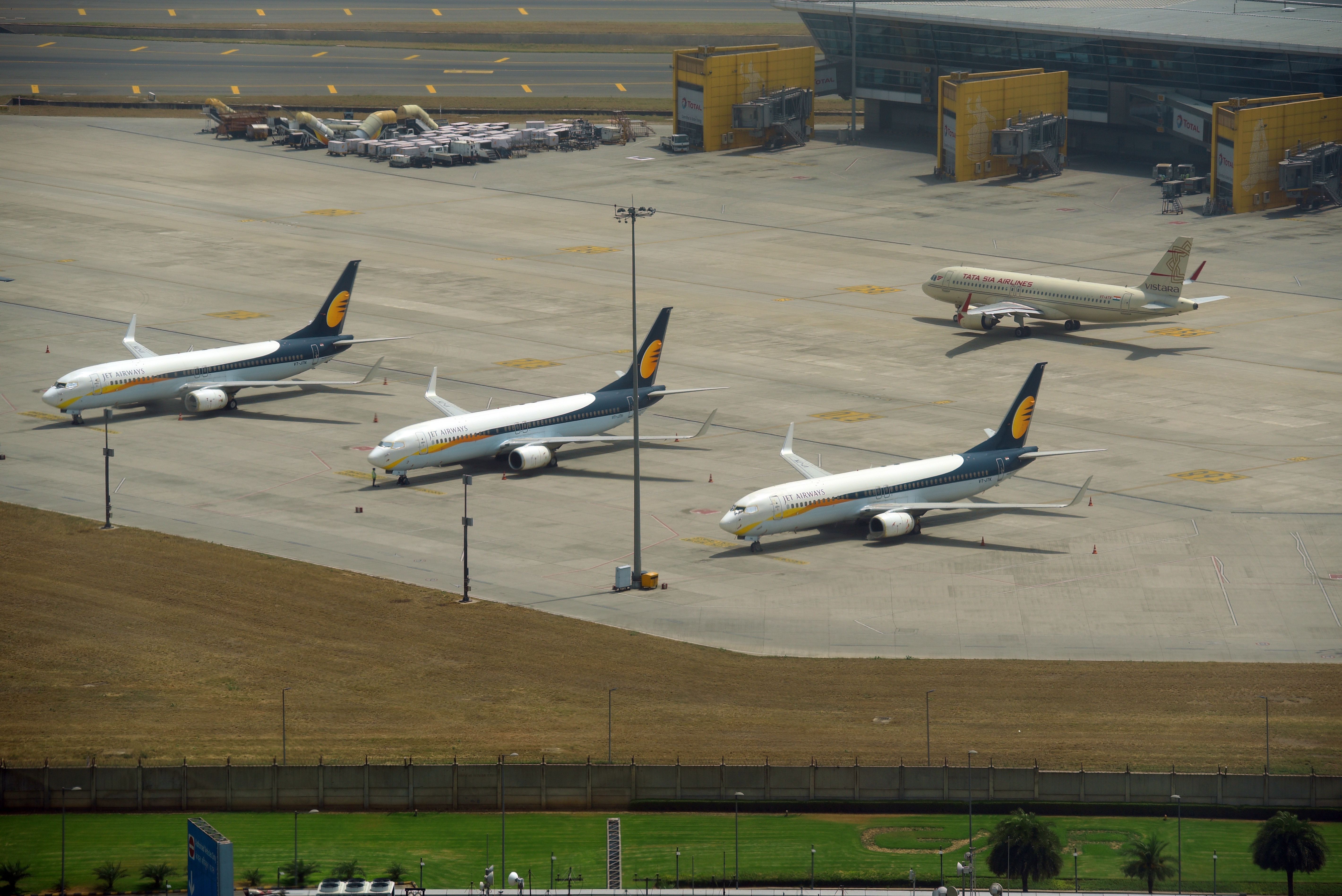 A view of the parked Jet Airways planes inside the parking bay at Delhi airport.