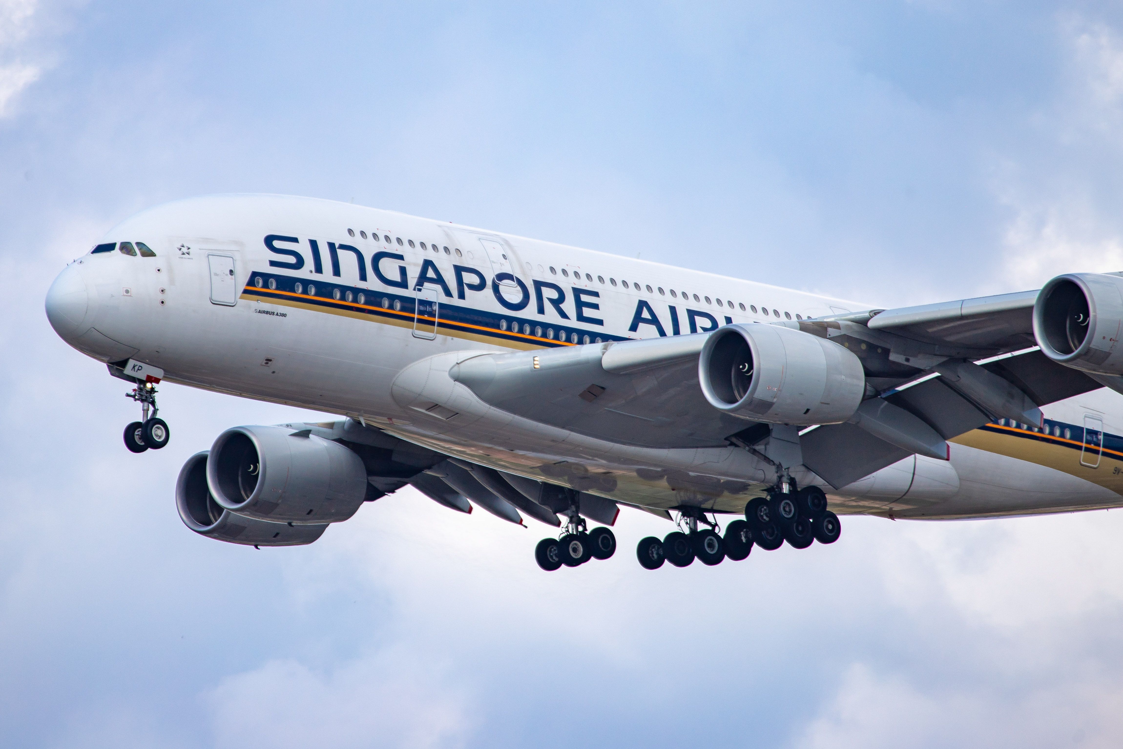 A Singapore Airlines Airbus A380 seen on final approach to London Heathrow.