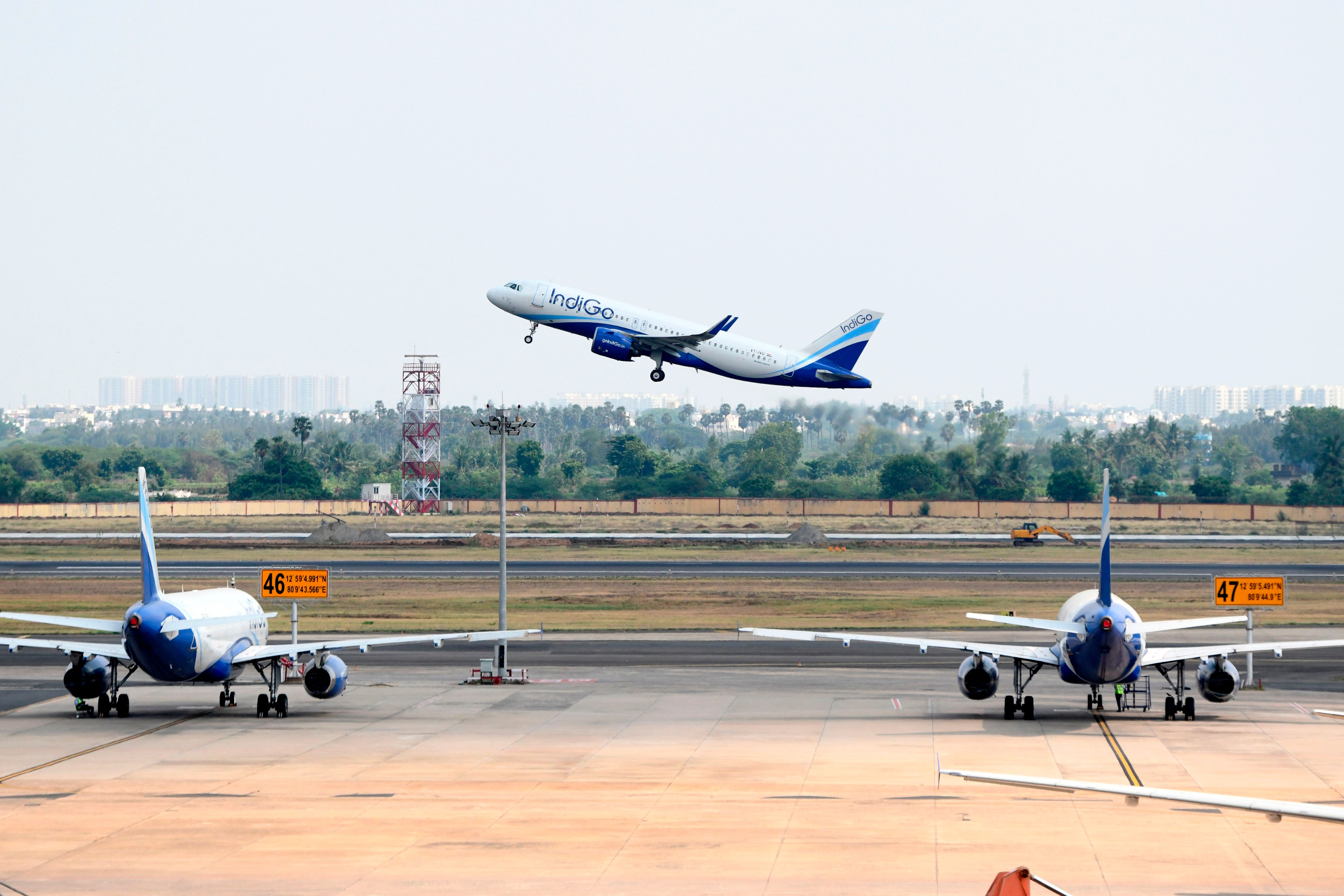 An IndiGo Airbus A320 takes off from Chennai Airport in India