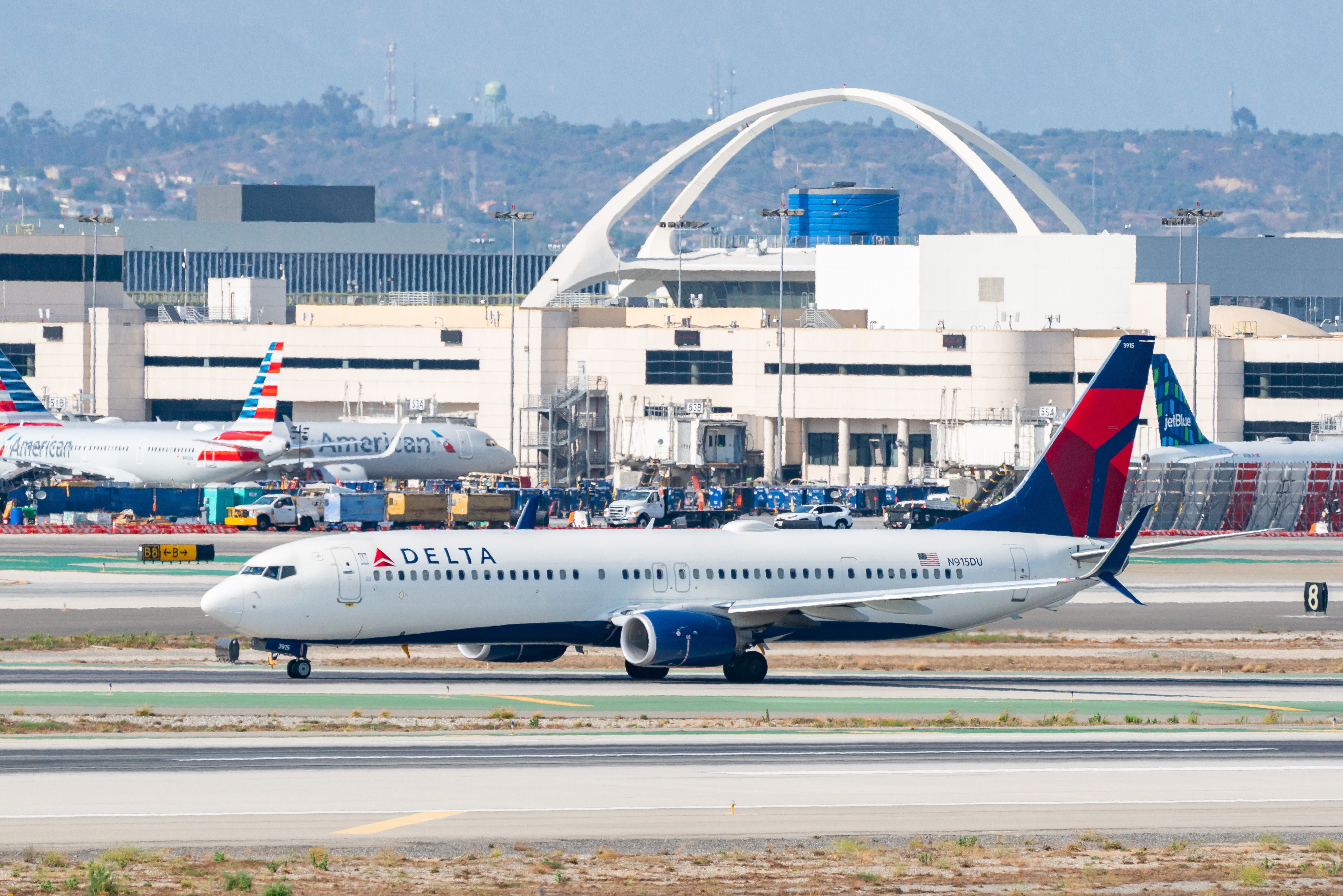 Delta Airlines Boeing 737-900ER arrives at Los Angeles international Airport on July 30, 2022 in Los Angeles, California.