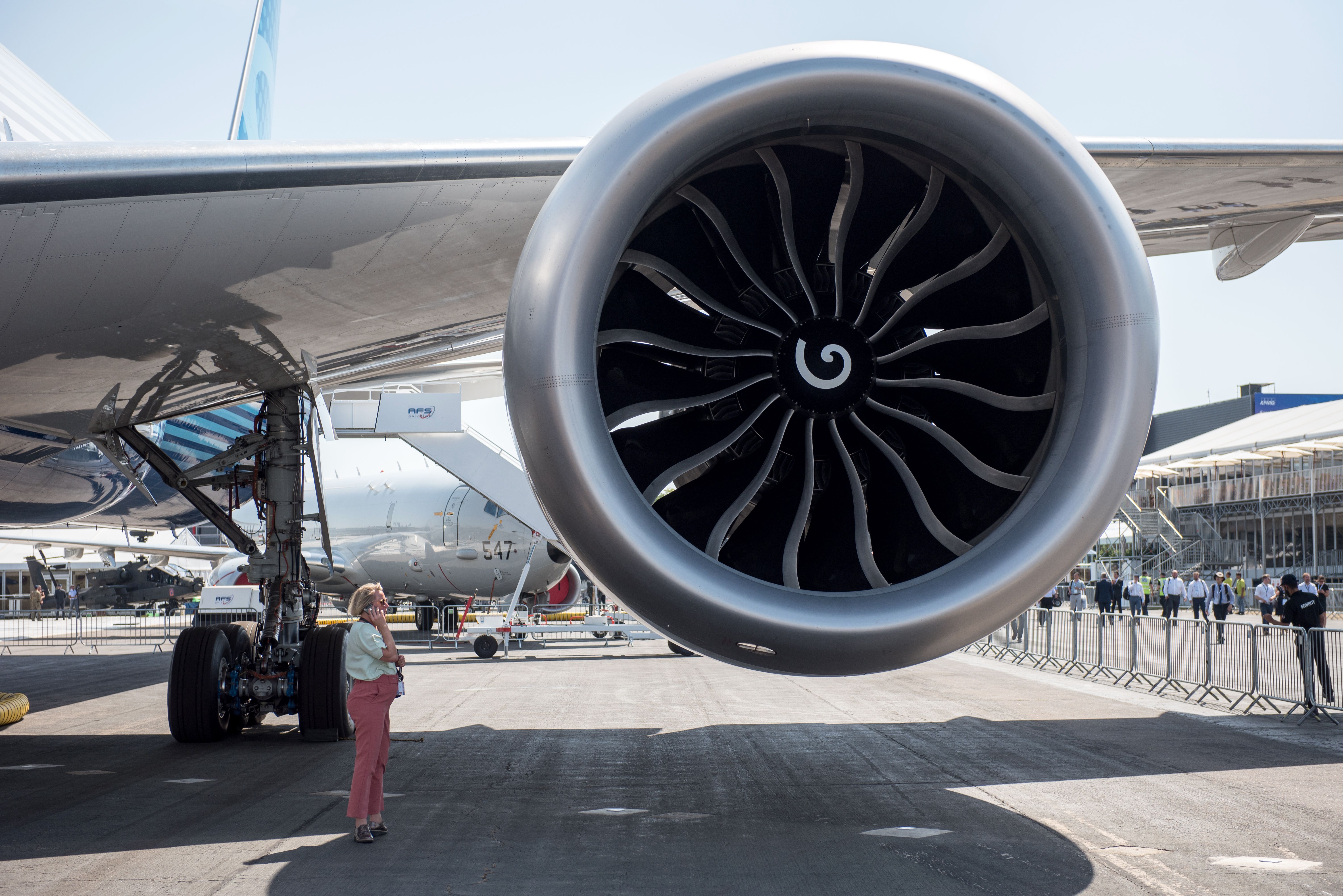 A closeup of a GE9X Engine on a Boeing 777X.