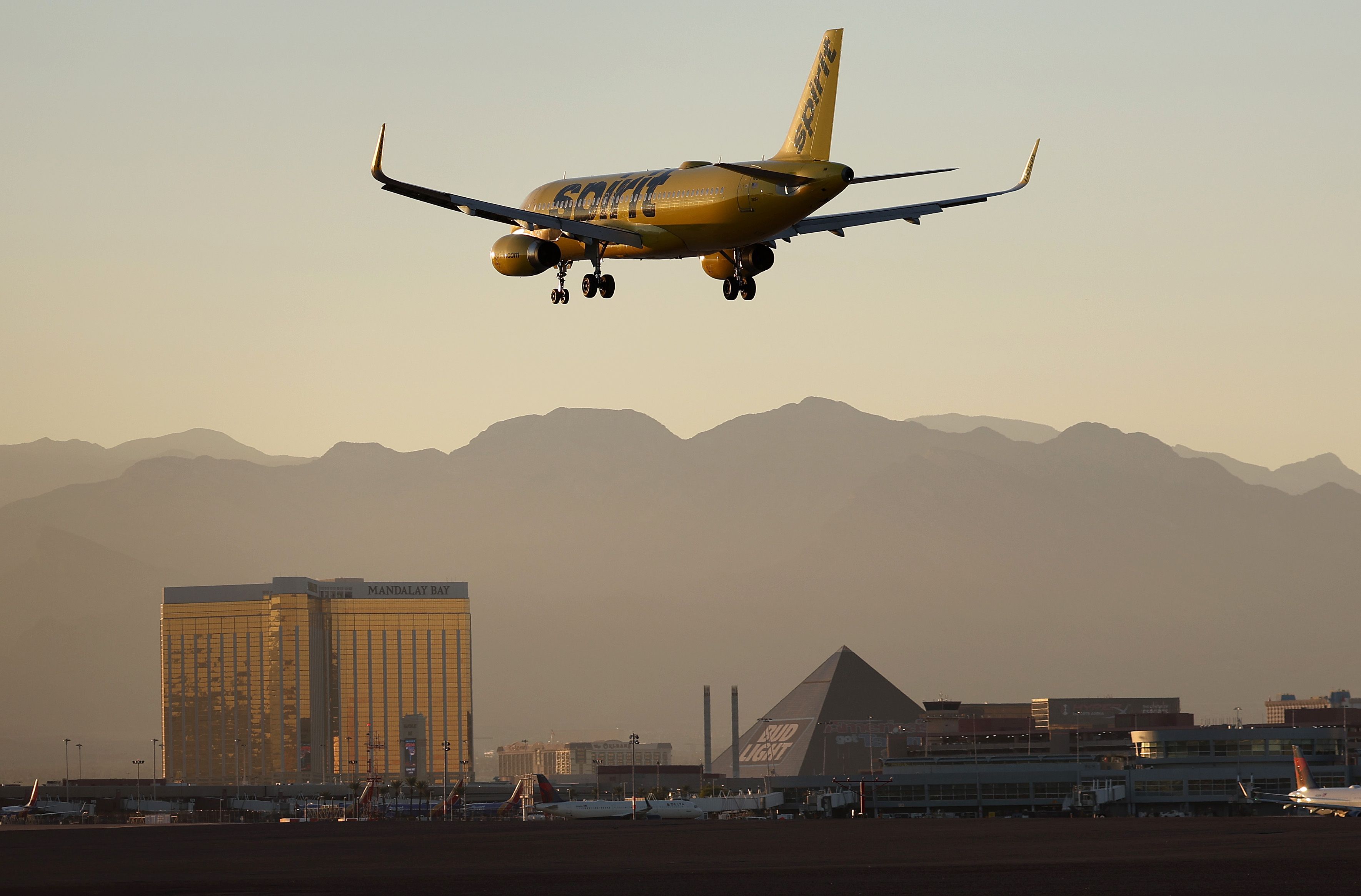 GettyImages-1433638058 - Spirit Airlines plane lands at Harry Reid International Airport on October 14, 2022 in Las Vegas, Nevada