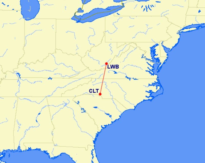LWB to CLT route map
