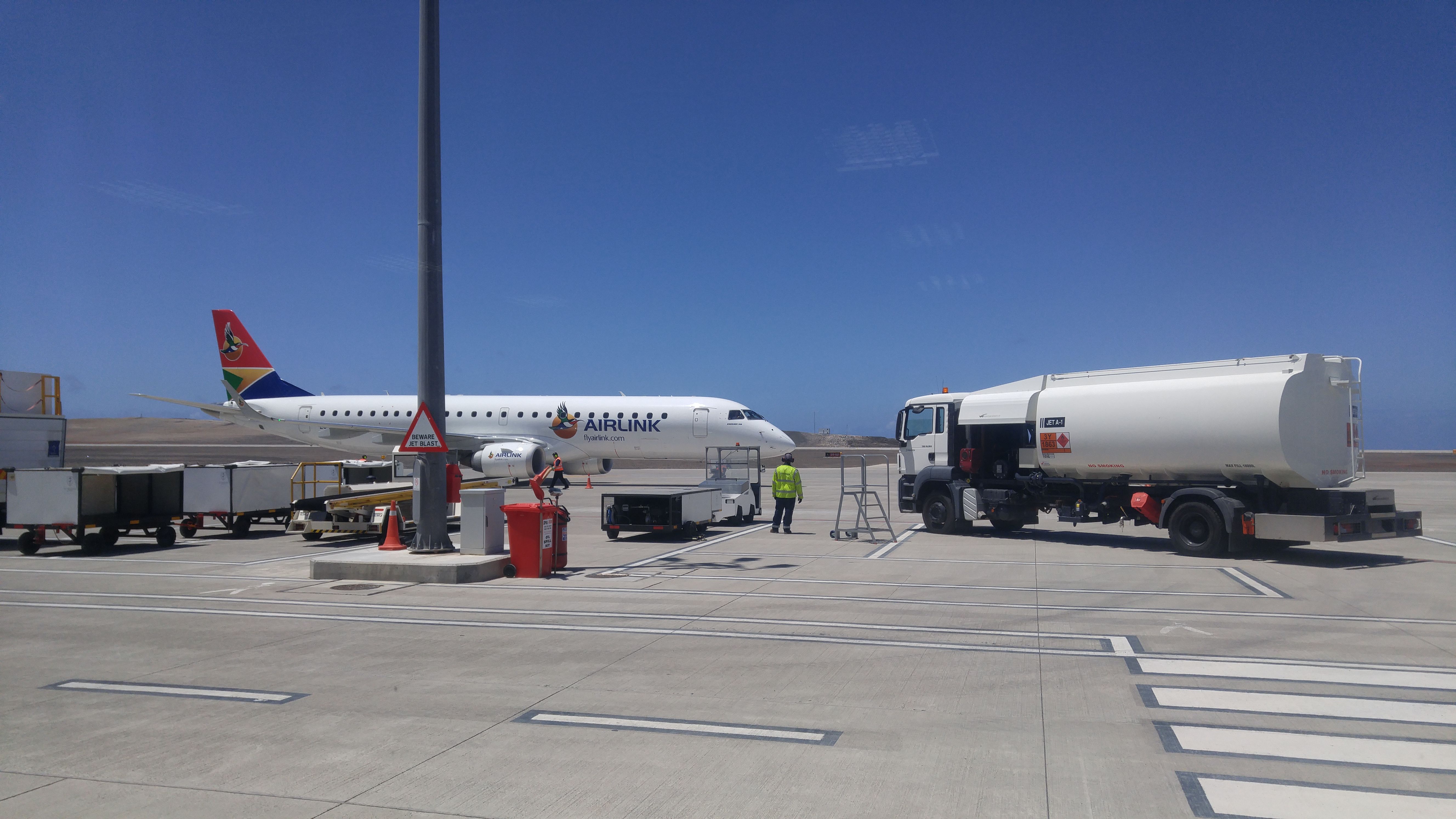 Airlink Embraer E190 refueling at Saint Helena Airport