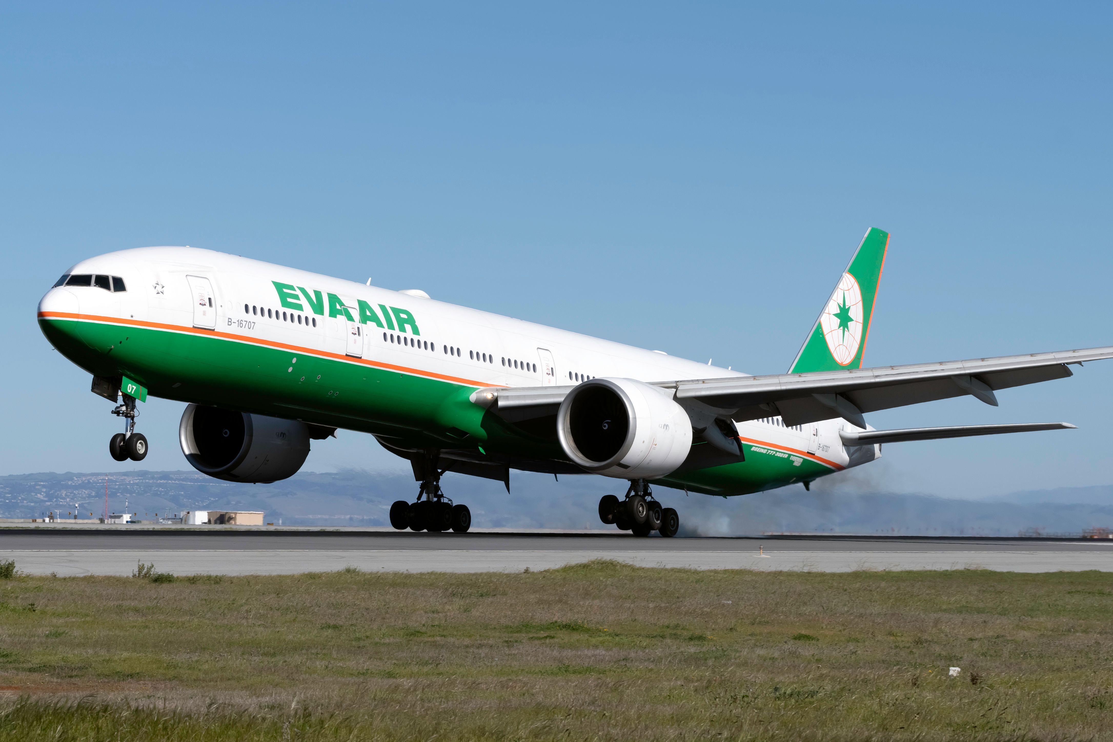 An EVA Air Boeing 777-300(ER) about to take off.