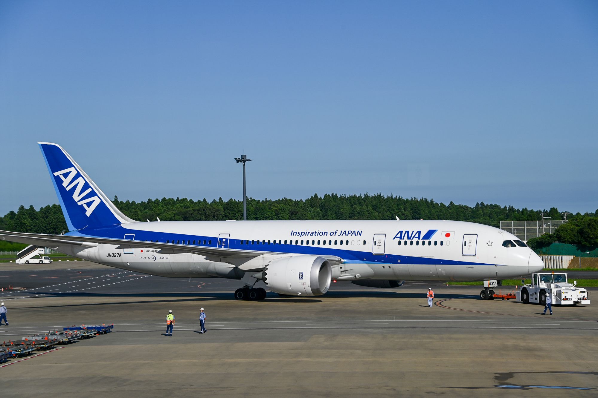 All Nippon Airways (ANA) Boeing 787-8 Dreamliner pushing back.
